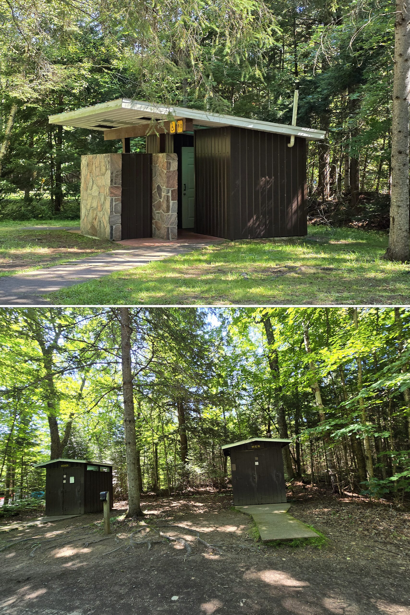 2 part image showing different vault toilet outhouses.