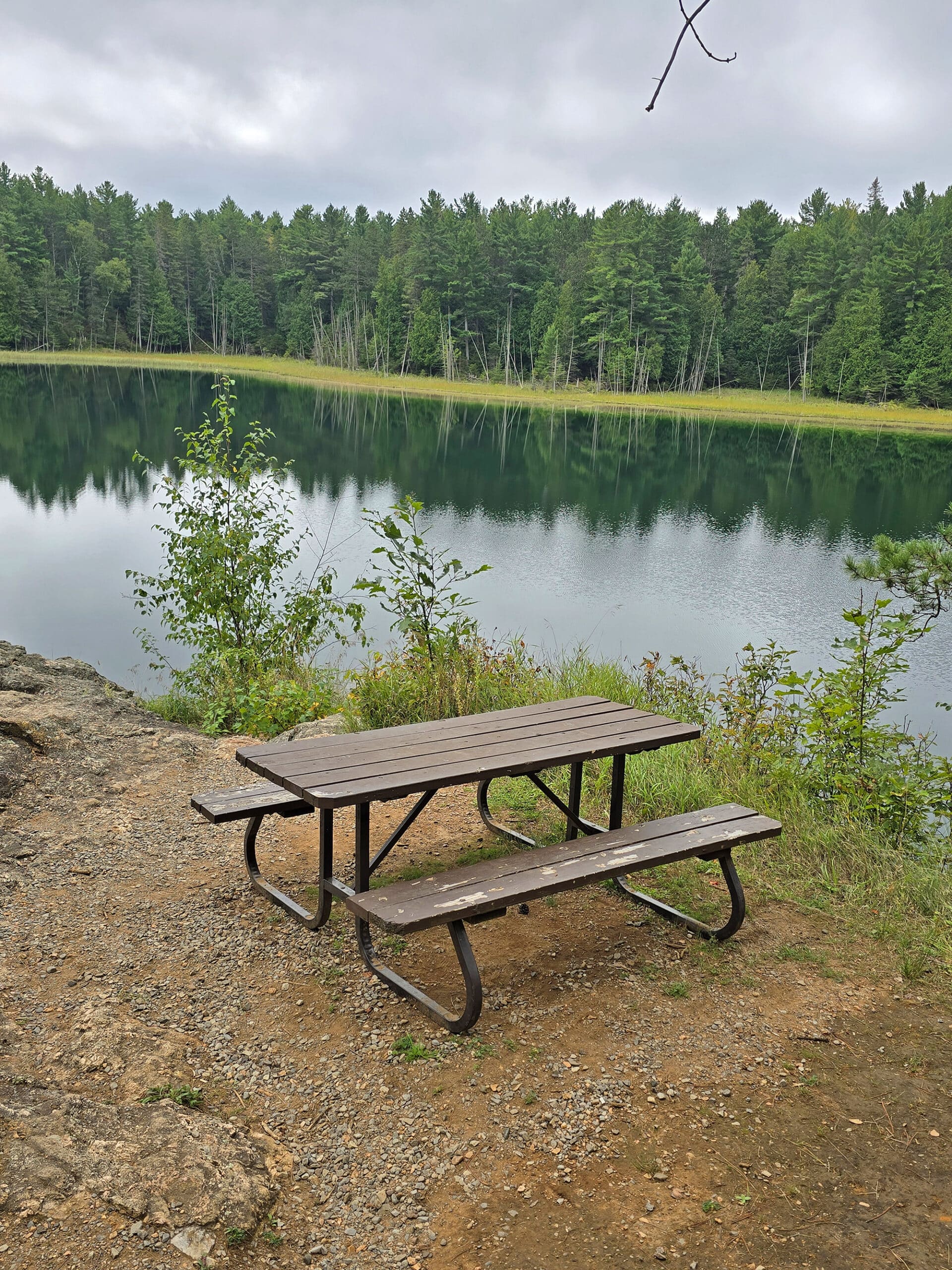 A picnic table in front of McGinnis Lake, a bright turquoise meromictic lake at Petroglyphs Provincial Park.