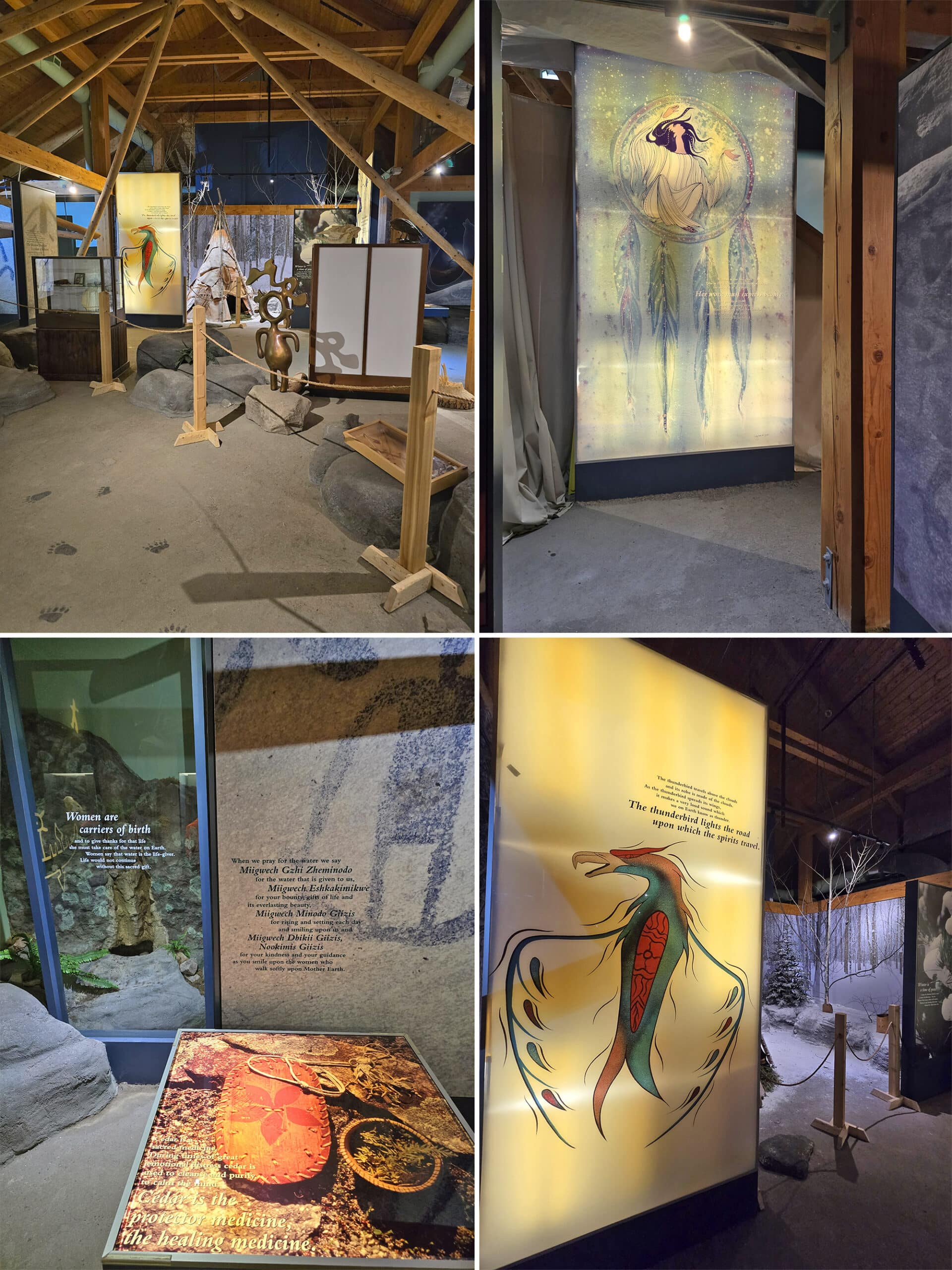 4 part image showing various displays in the learning place visitor centre at petroglyphs provincial park.