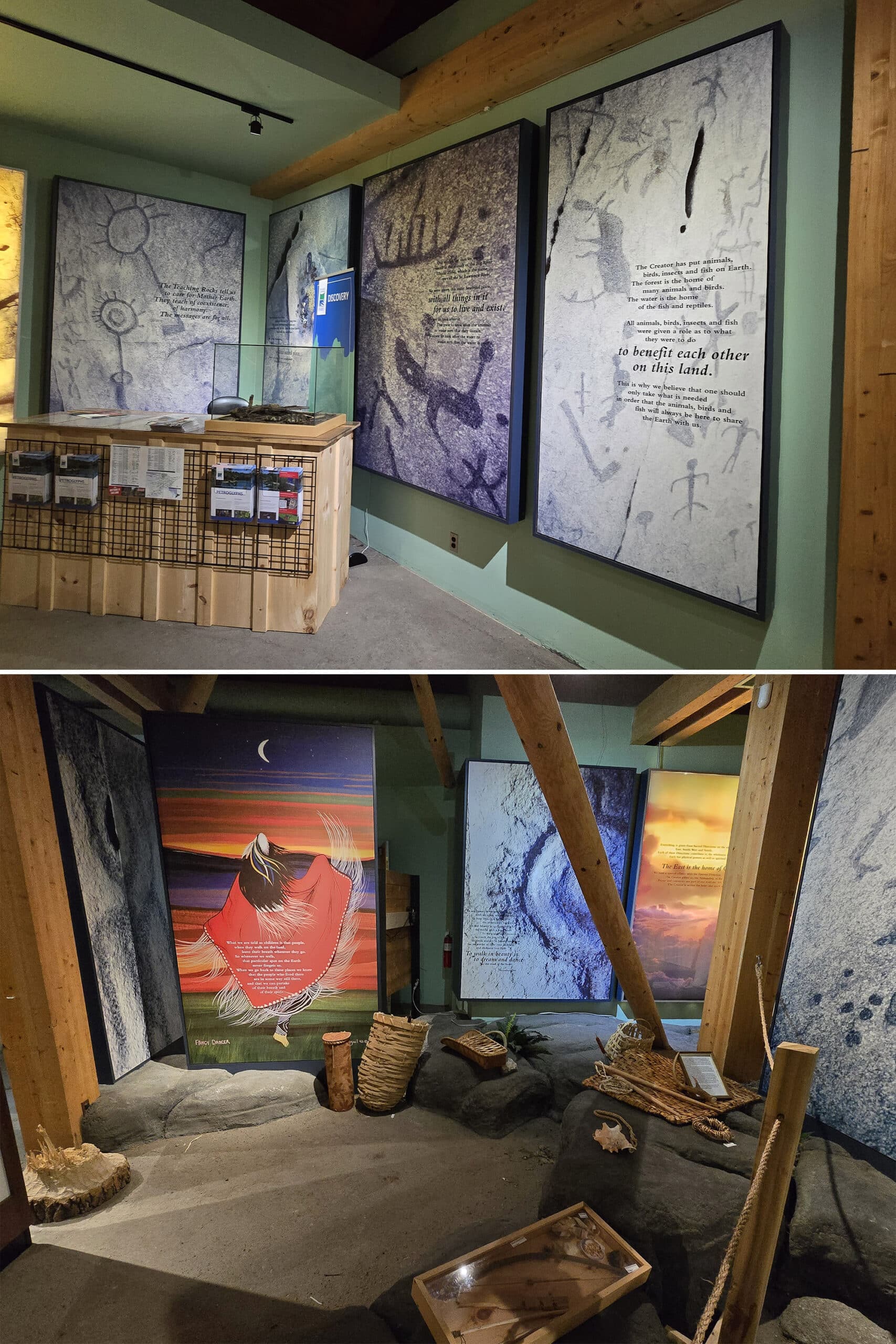 4 part image showing various displays in the learning place visitor centre at petroglyphs provincial park.