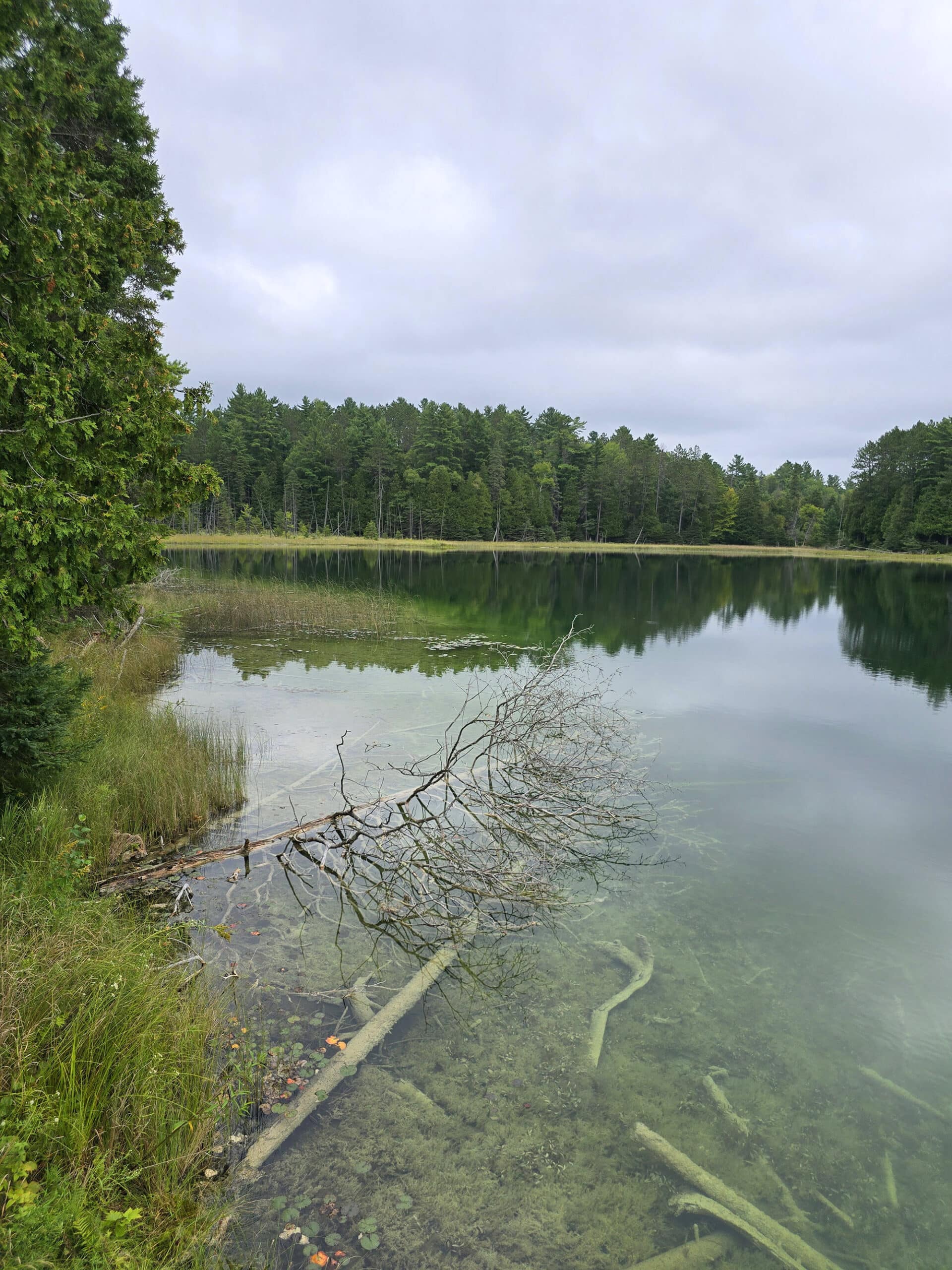 McGinnis Lake, a bright turquoise meromictic lake at Petroglyphs Provincial Park.