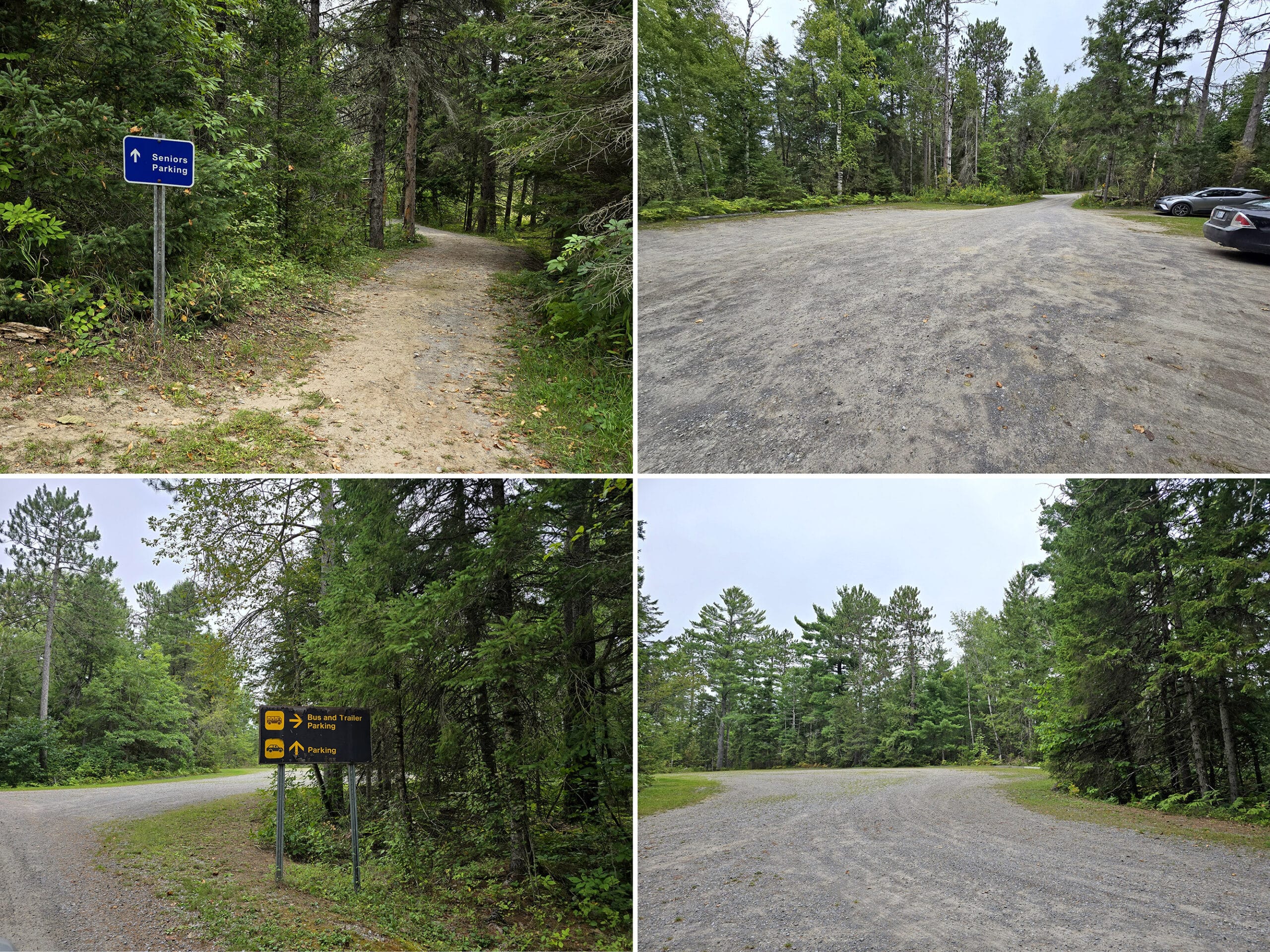 4 part image showing the senior parking, and bus and trailer parking areas at petroglyphs provincial park.