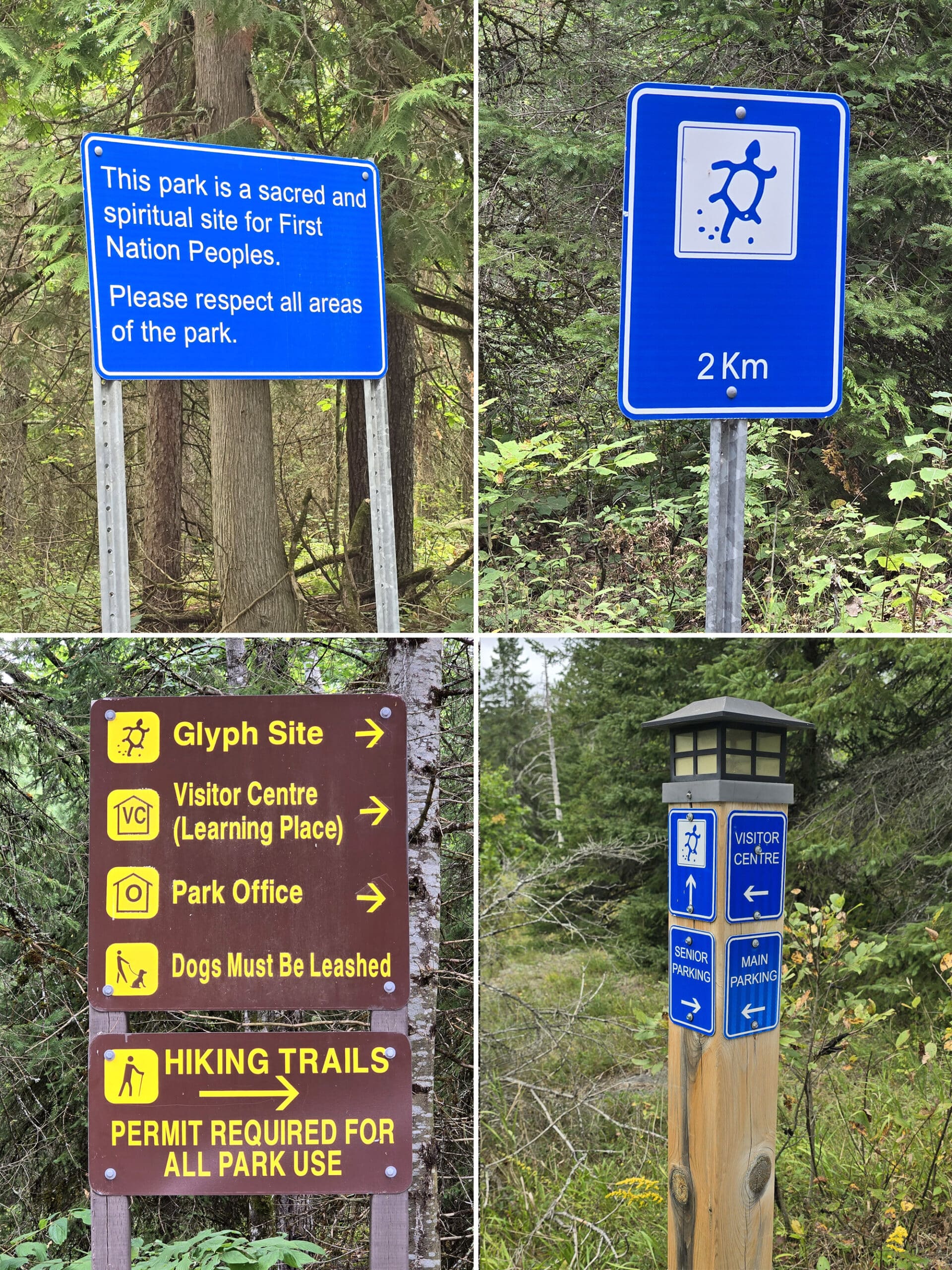 4 part image showing trail and road signs at petroglyphs.