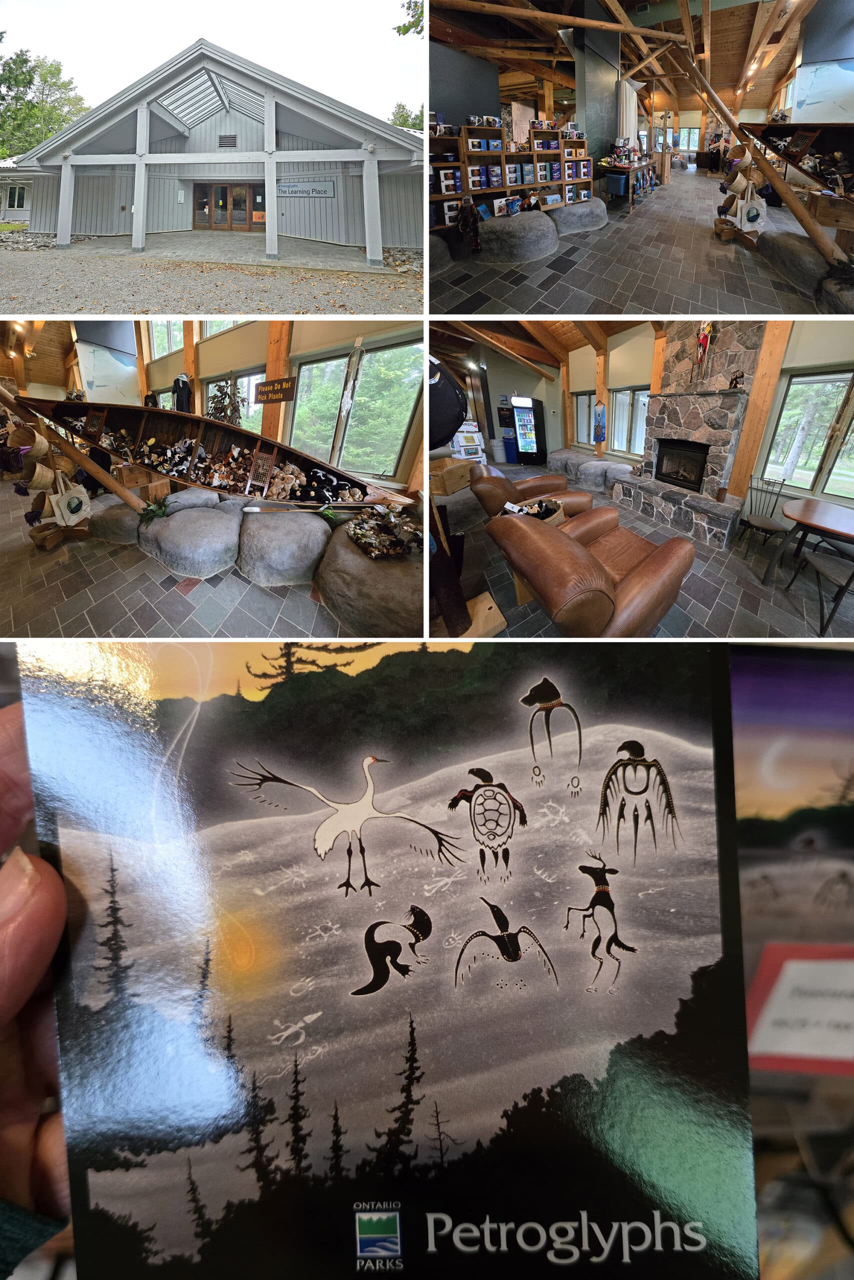 5 part image showing the interior of the petroglyphs probincial park visitor centre and park store.