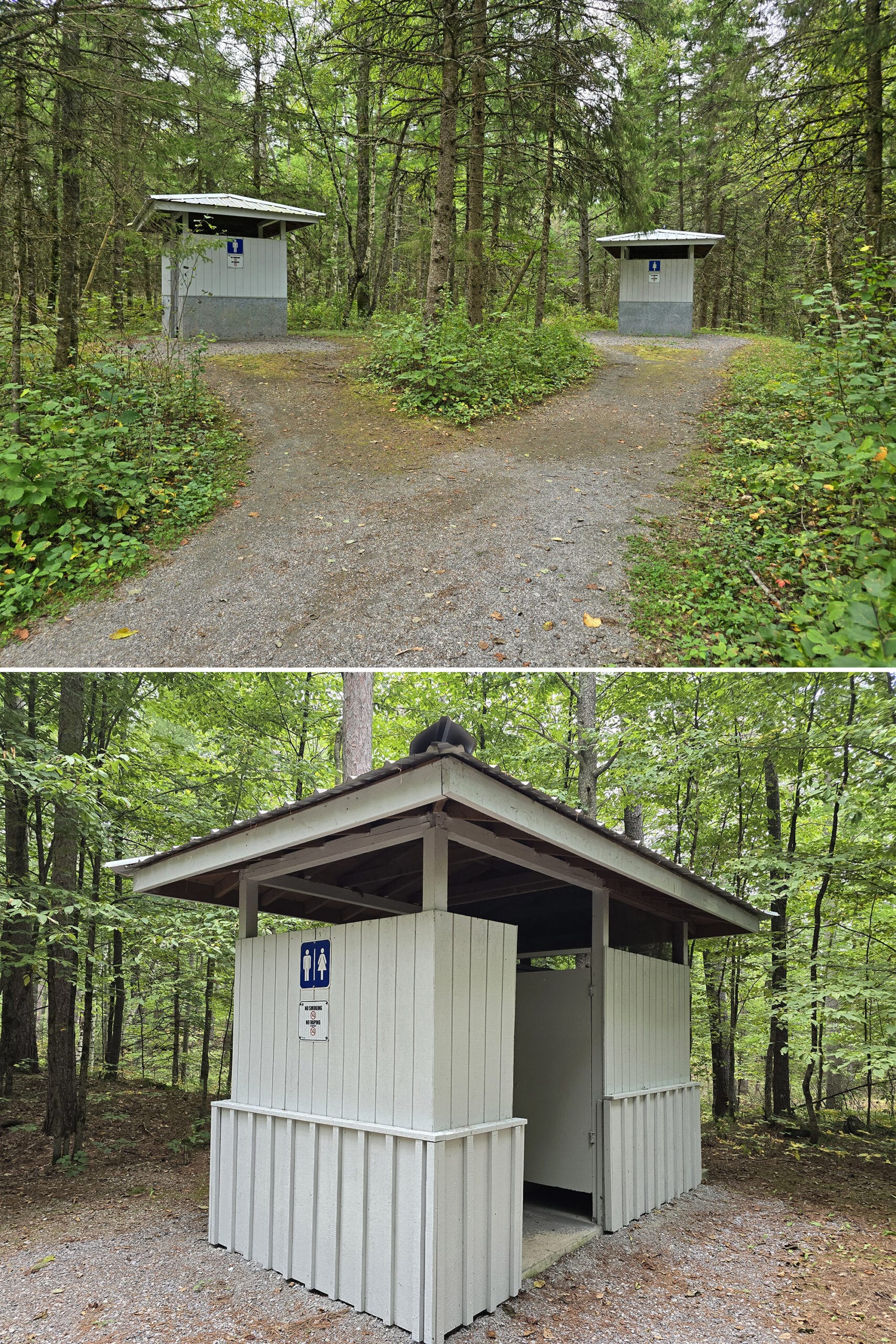 2 part image showing vault toilets in the park.