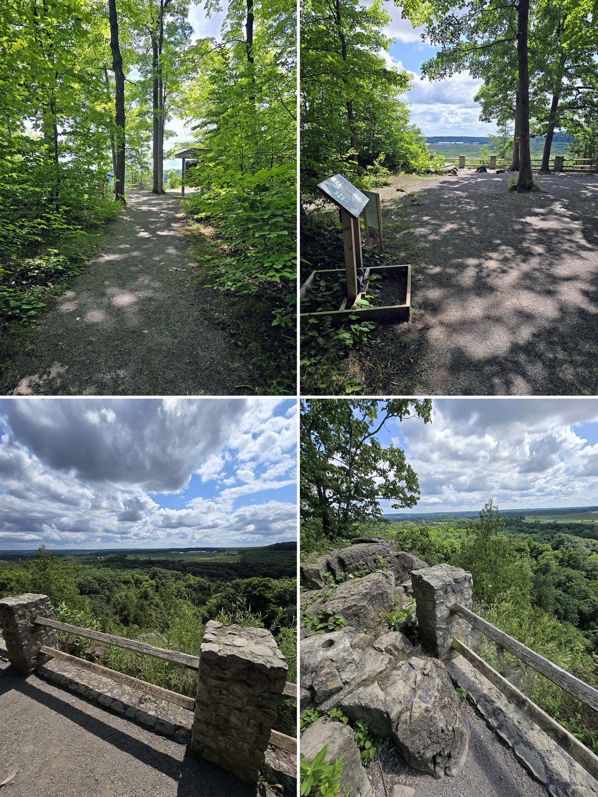 4 part image showing various views along the Buffalo Crag Trail at Rattlesnake Point Conservation Area.