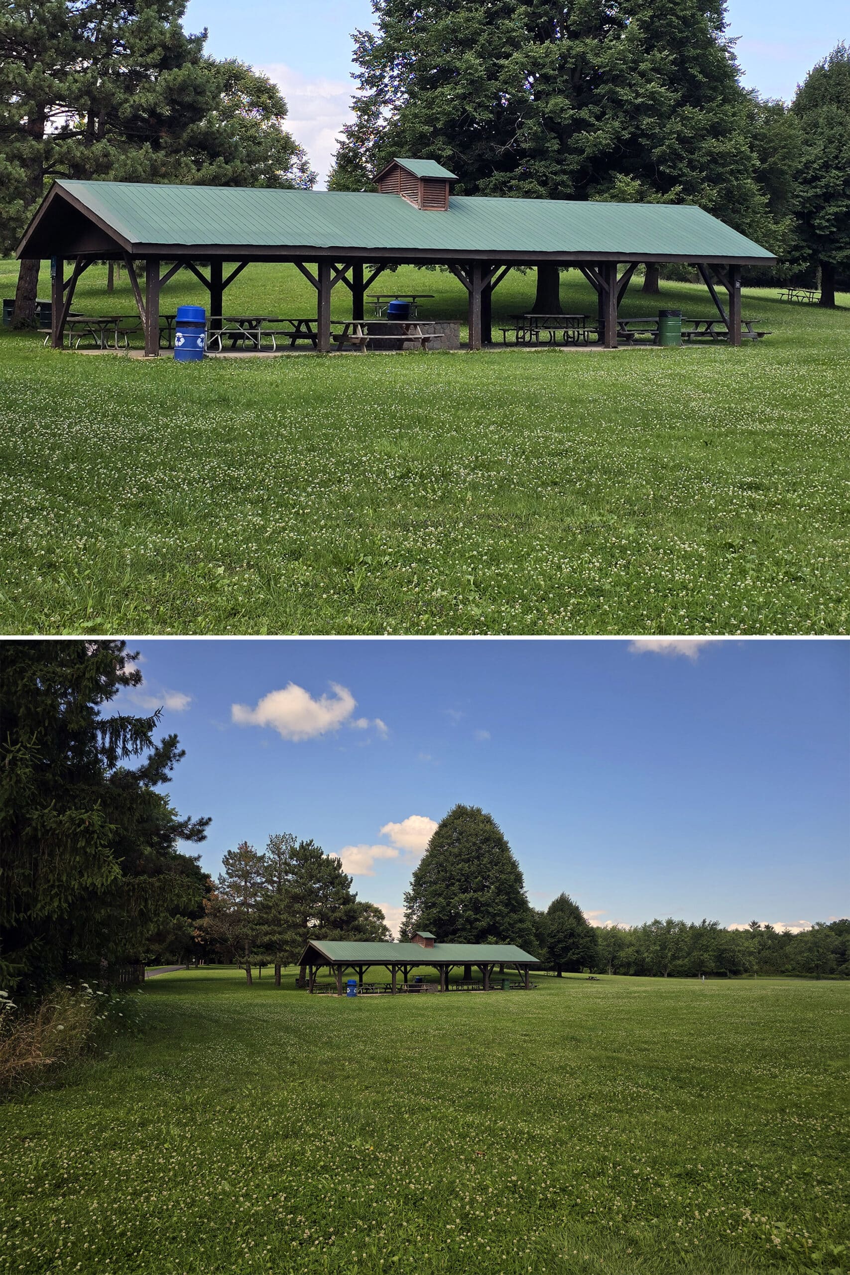 2 part image showing the picnic shelter up close and from a distance.