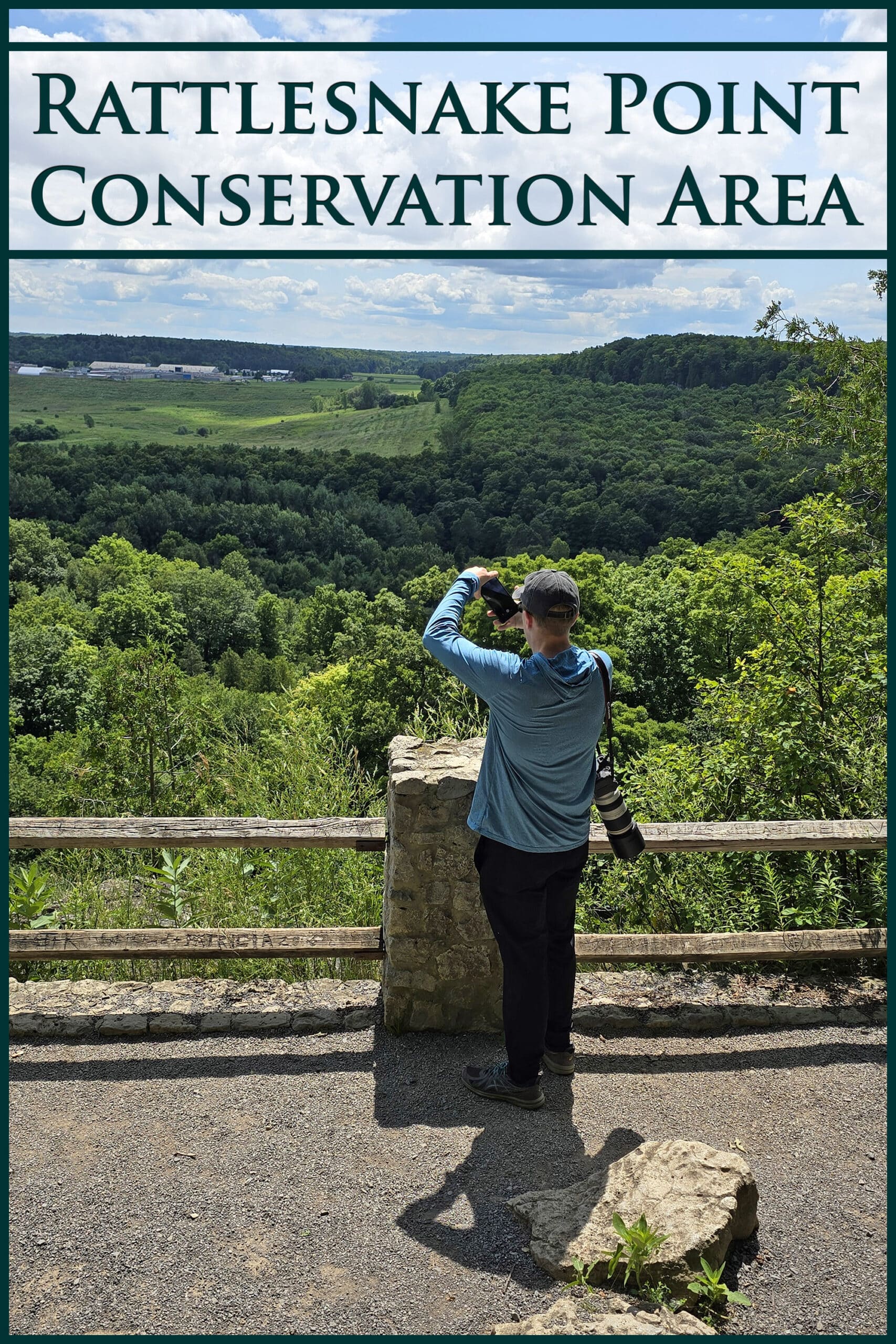 A middle aged white man taking a photo off the side of the Niagara Escarpment. Overlaid text says rattlesnake point conservation area.