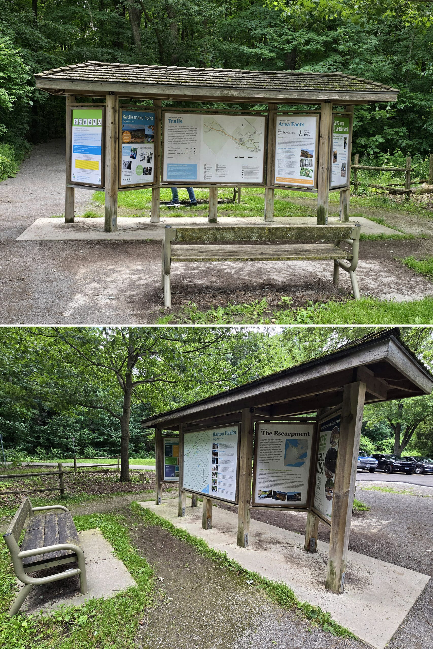 2 part image showing the trail sign at the upper area start of trails.