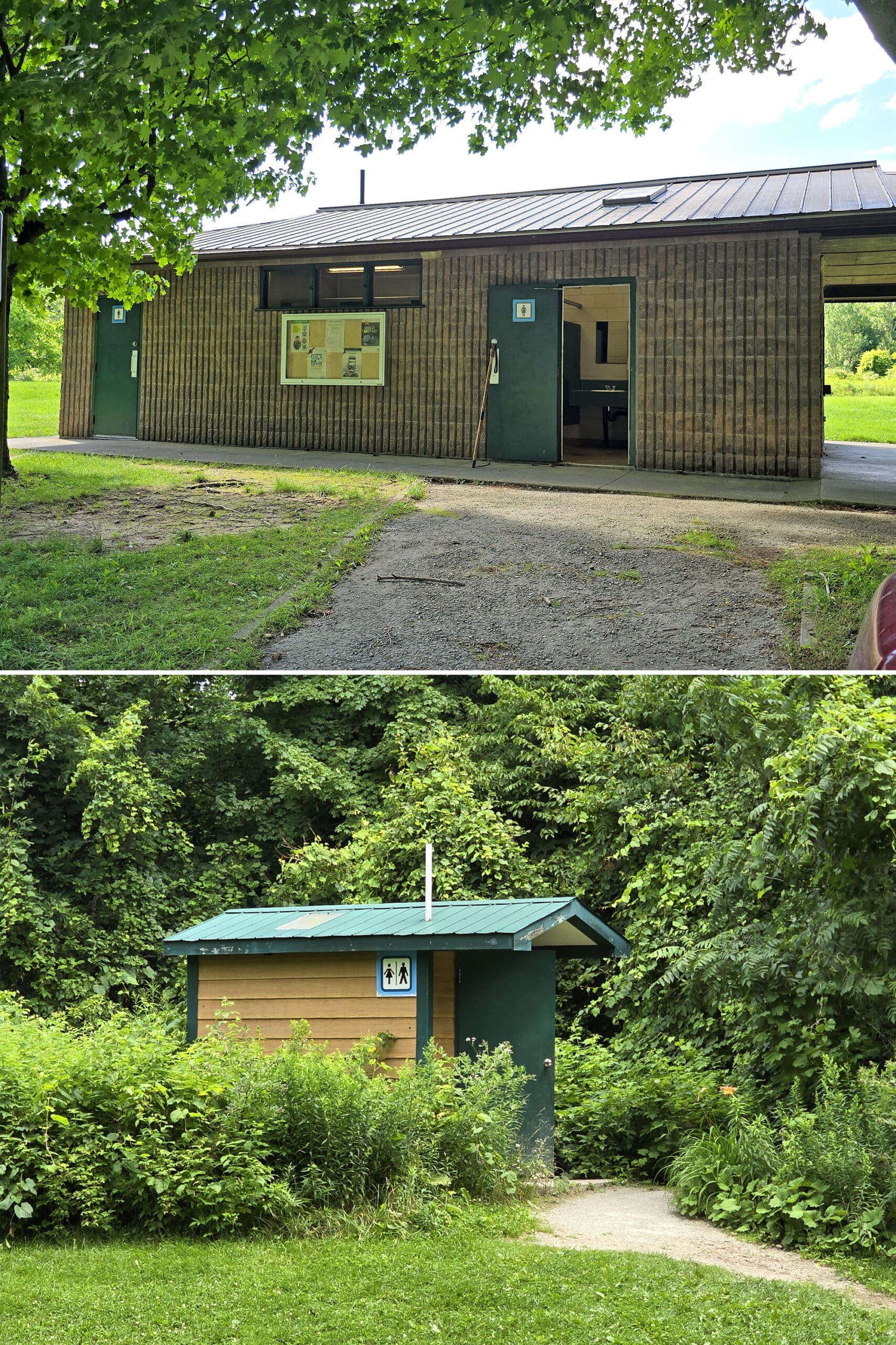 2 part image showing a comfort station and an outhouse.