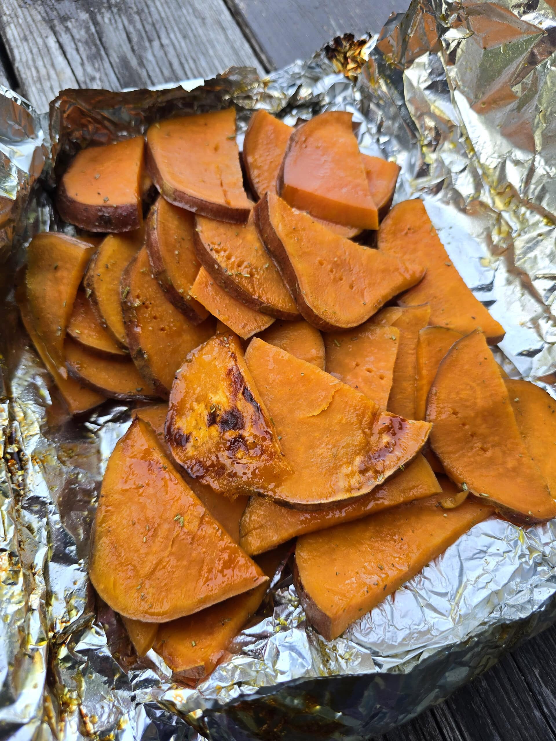 A plate of rosemary maple syrup sweet potatoes.