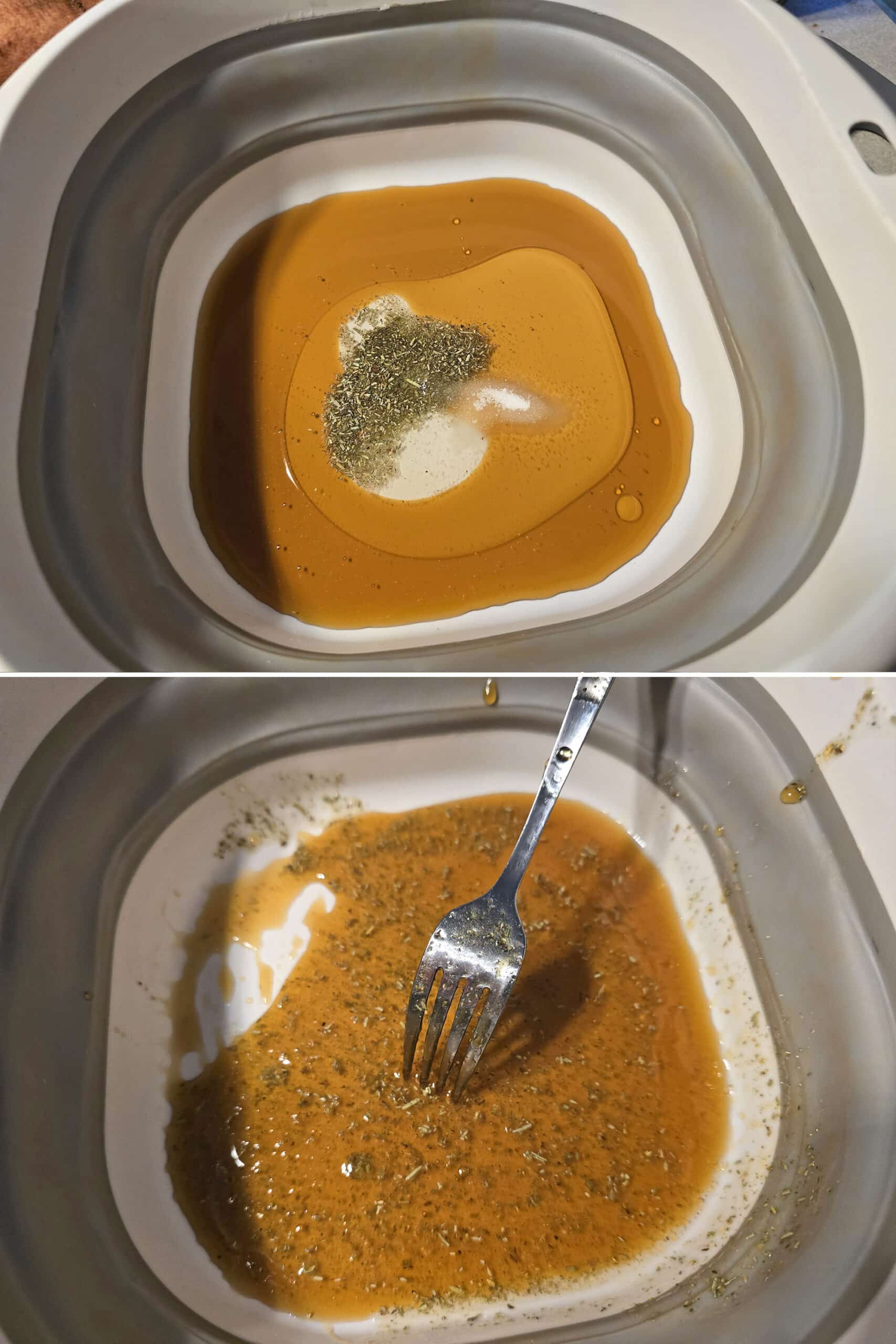 2 part image showing the maple syrup sauce being mixed together in a large bowl.