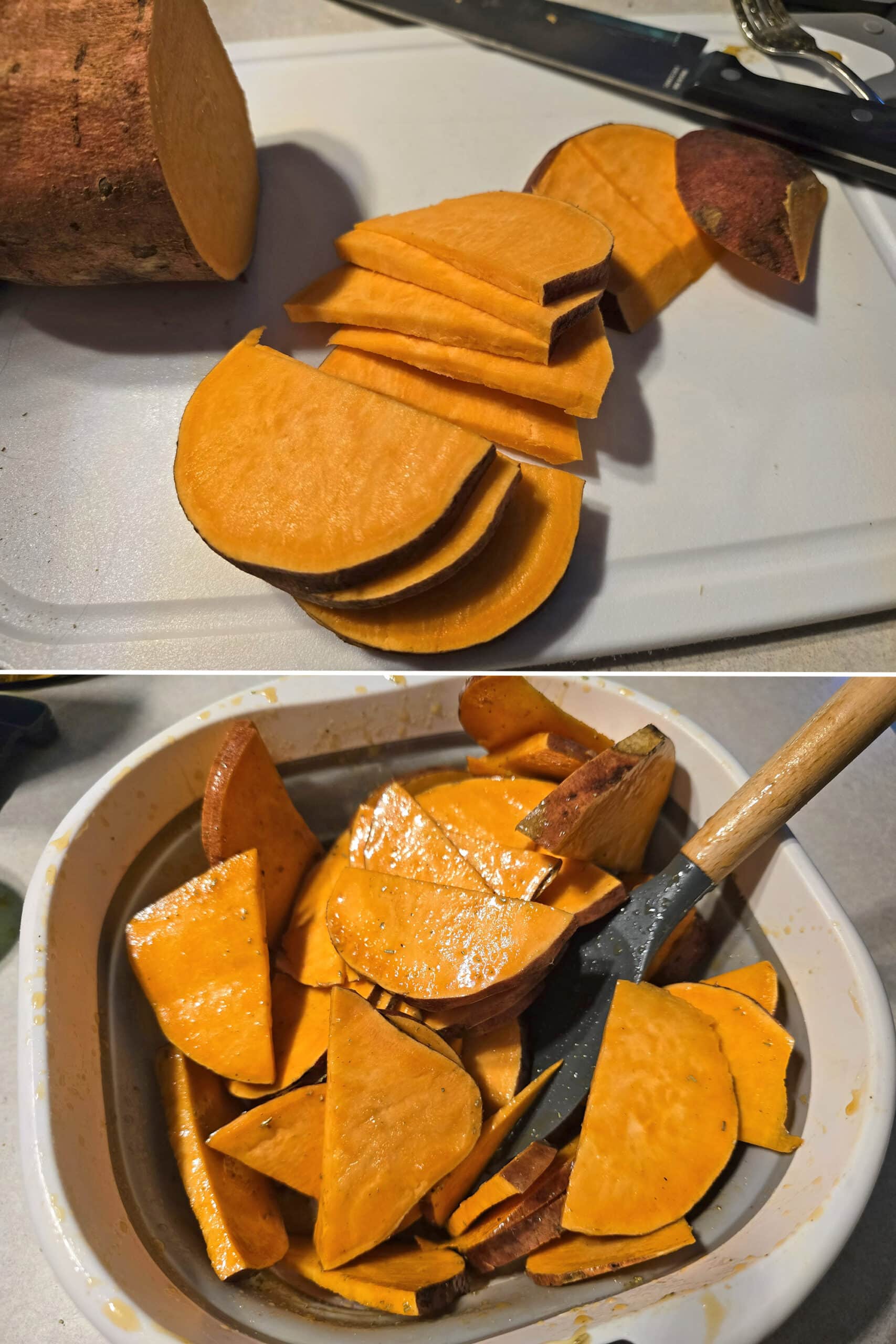 2 part image showing a large sweet potato being sliced and tossed in the rosemary maple syrup mixture.