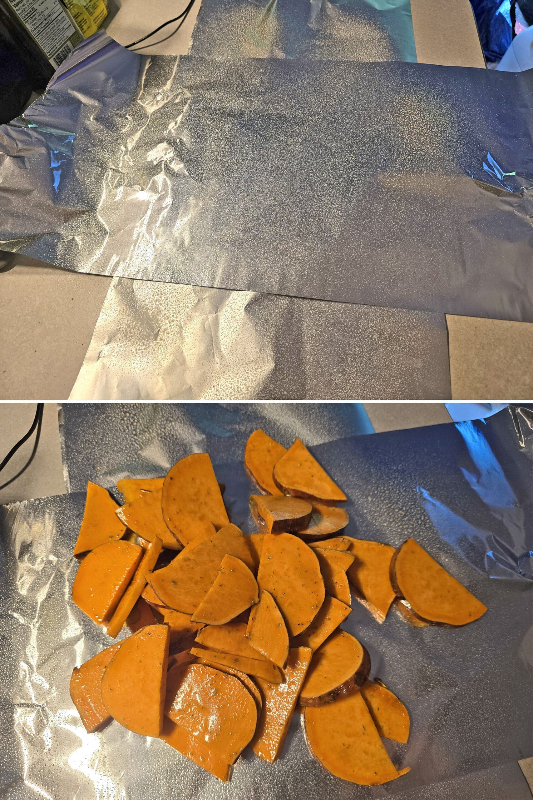 2 part image showing two pieces of foil forming an x, then the sweet potato and maple syrup mixture piled in the middle.