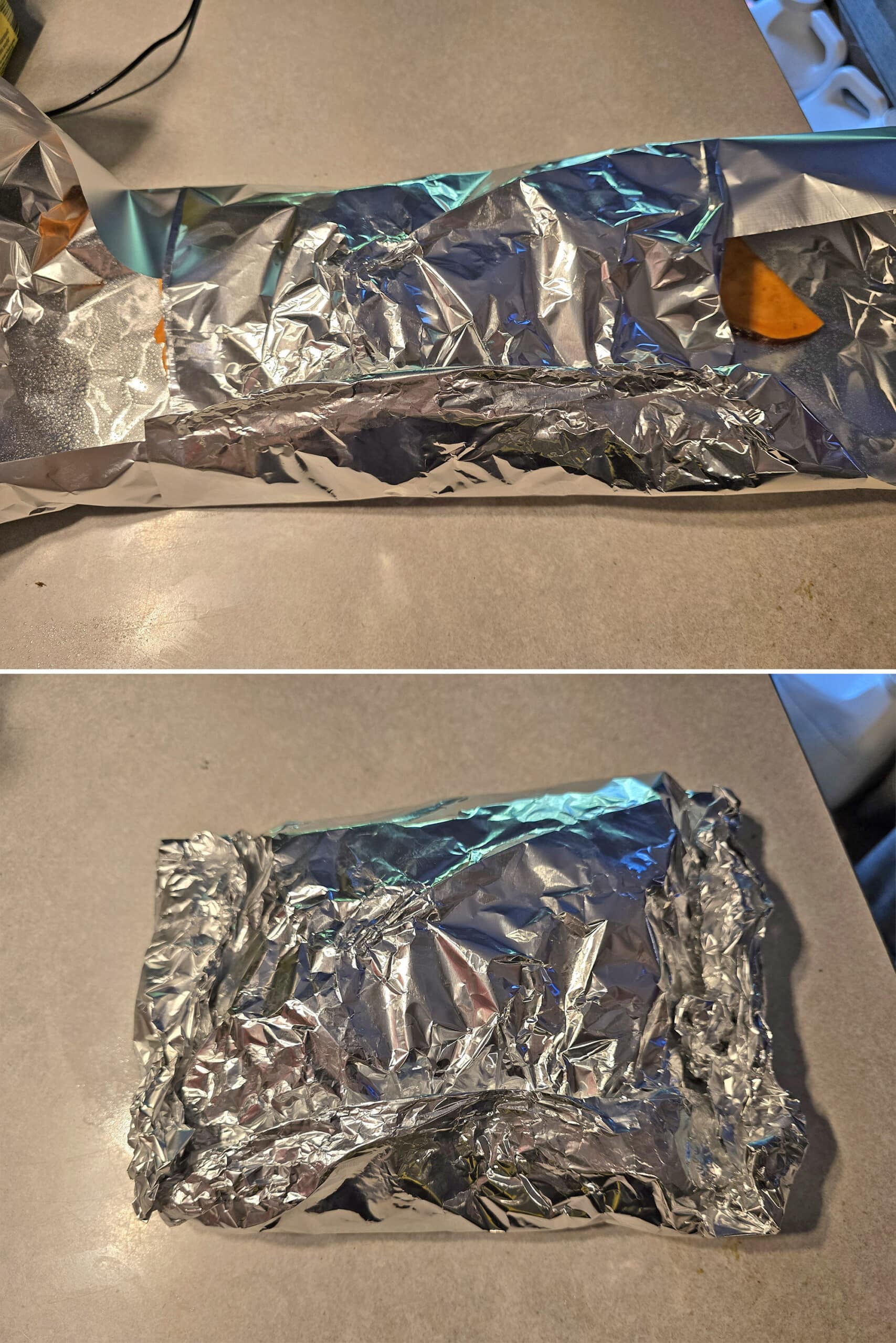 2 part image showing a the sweet potato slices being wrapped up into a foil packet,