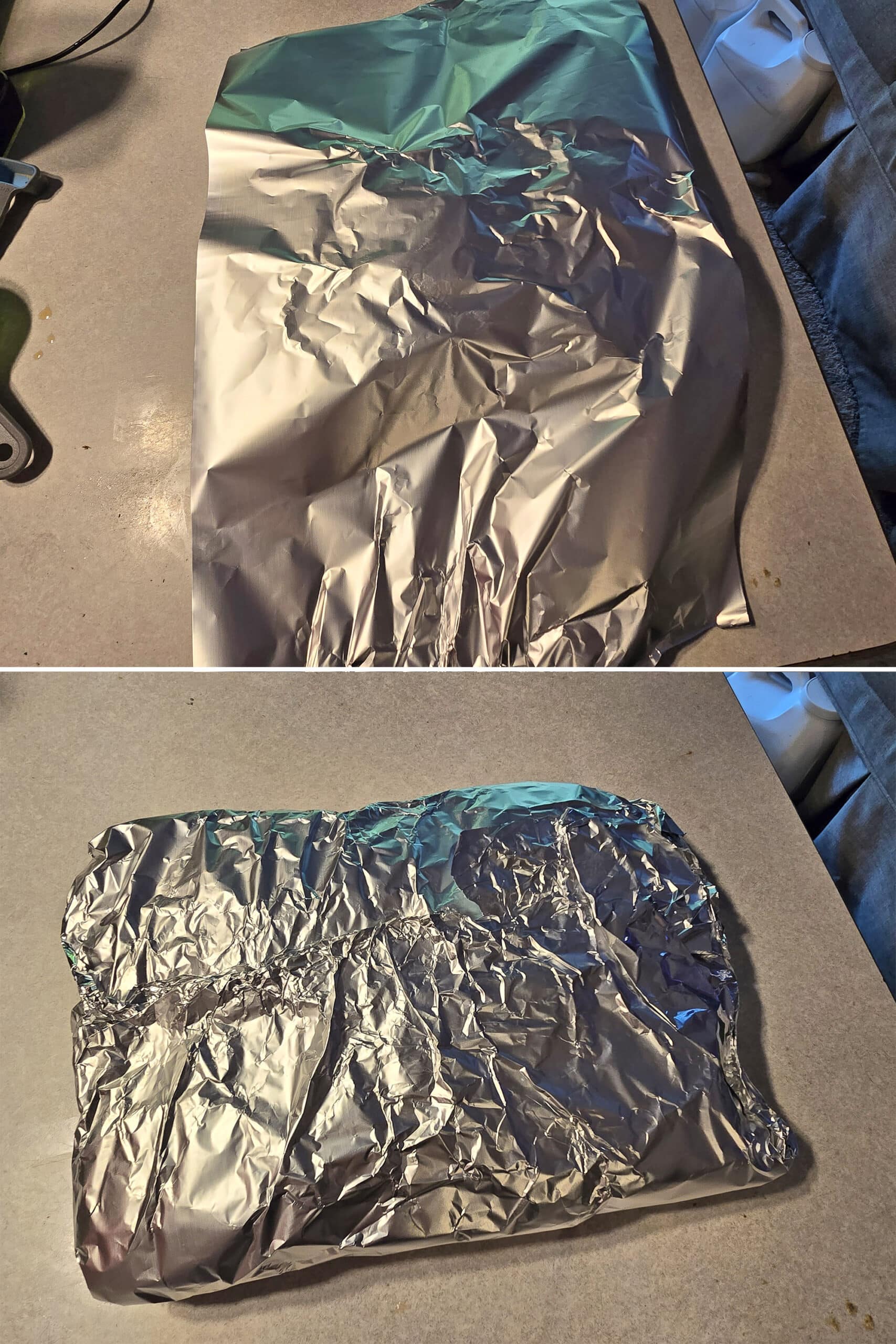 2 part image showing the foil packet being wrapped in a second layer of foil.