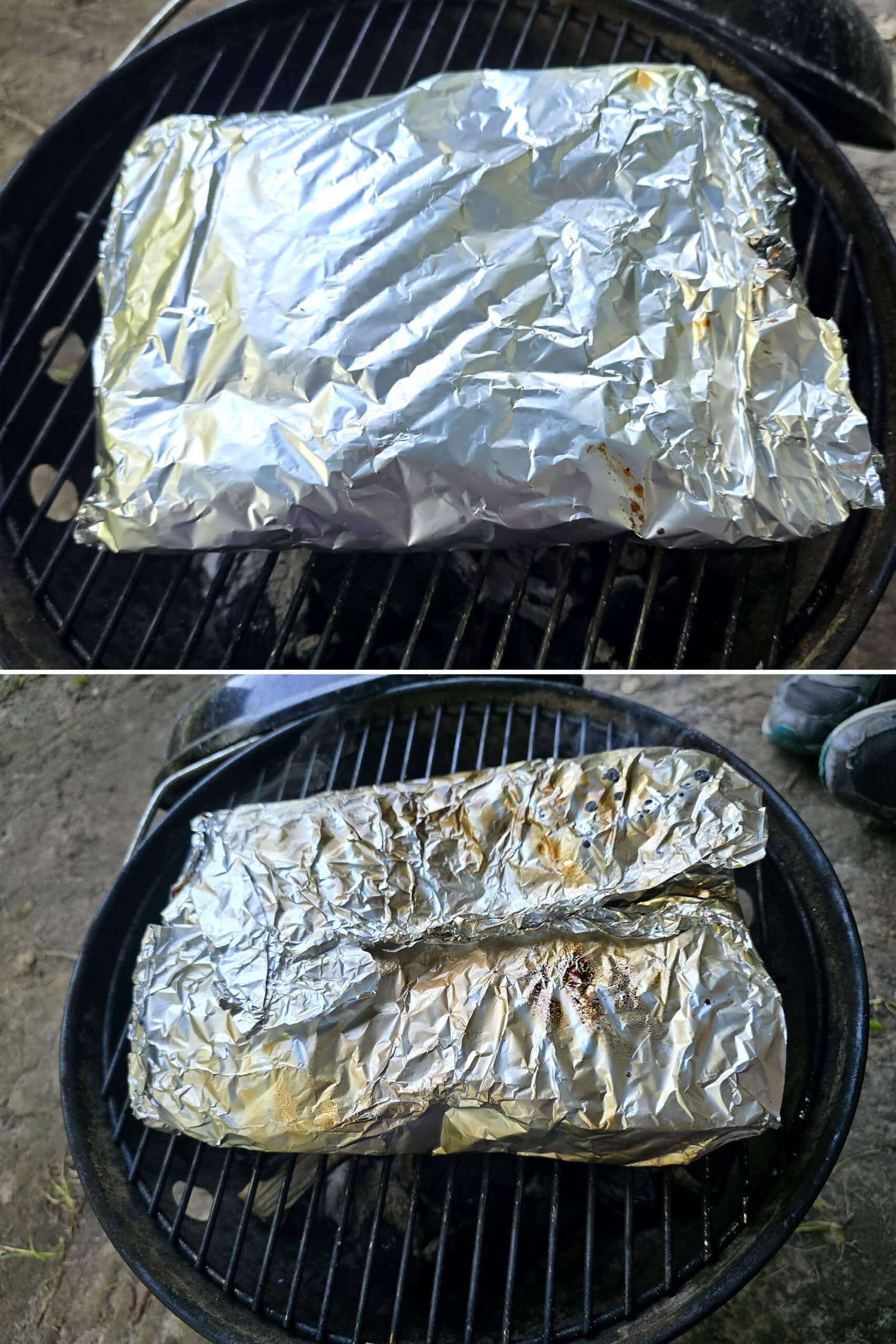 2 part image showing a big foil packet of sweet potato slices over a charcoal fire.