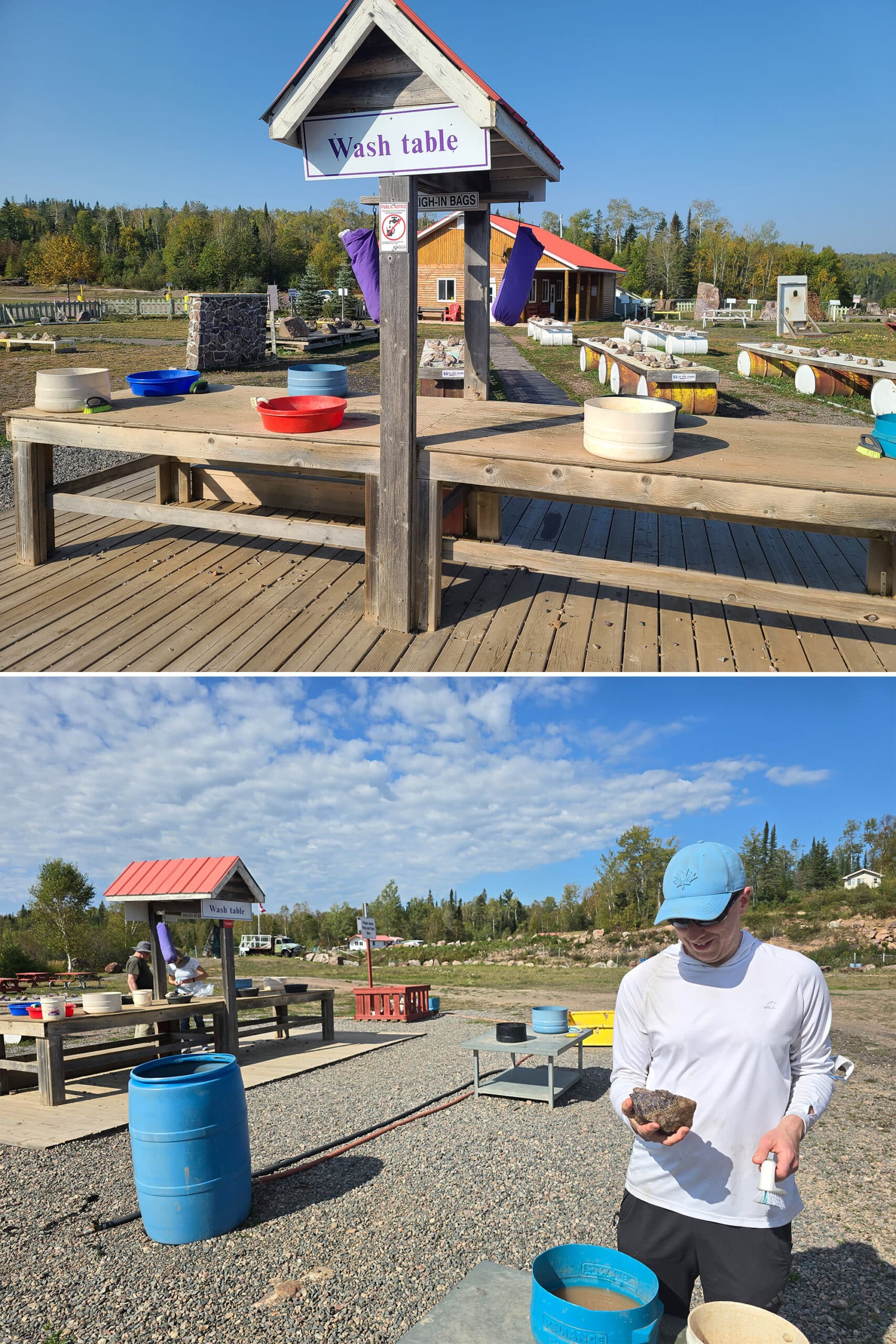 2 part image showing the authors husband at a rock washing station.