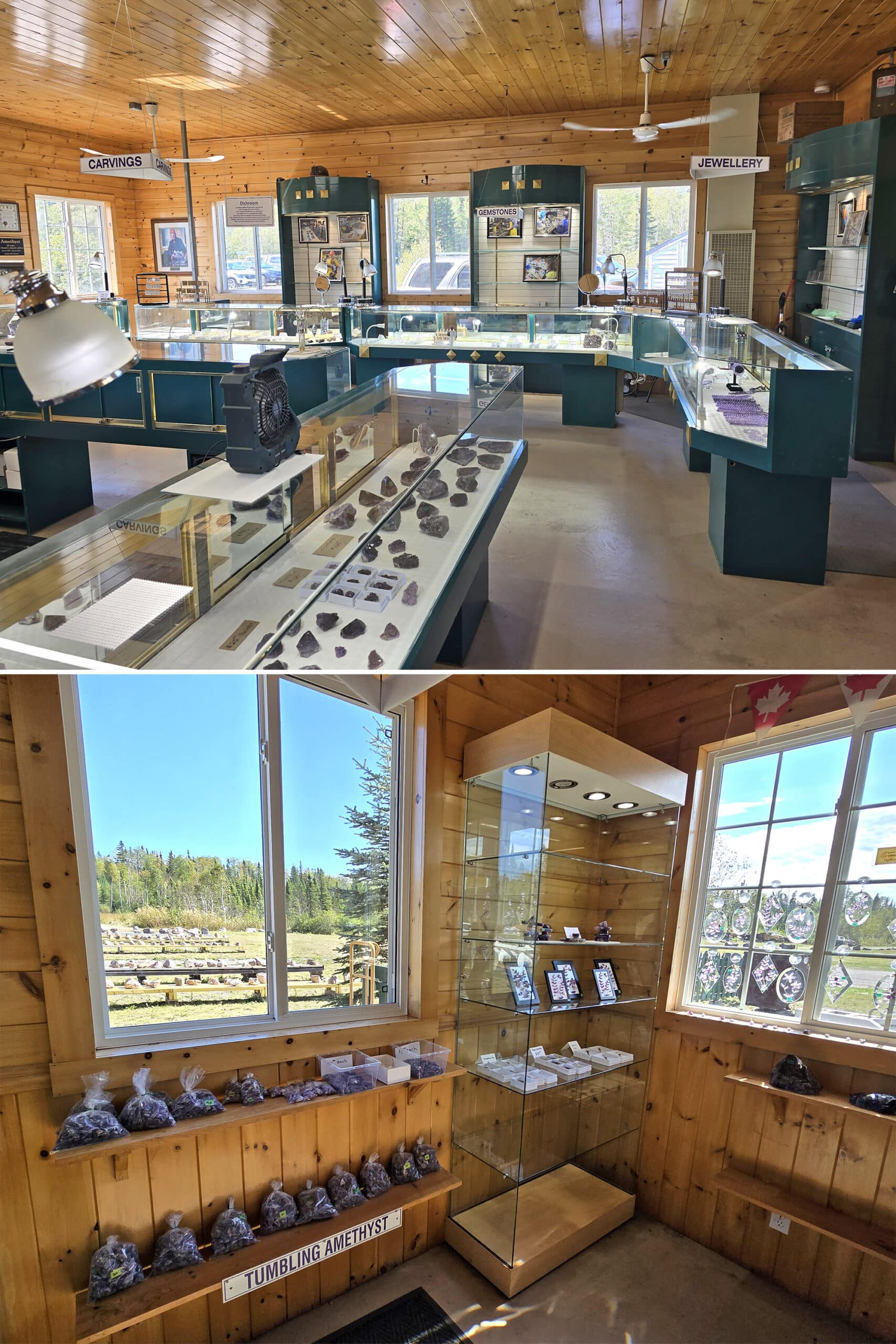 2 part image showing the inside of the amethyst mine panorama gift shop.