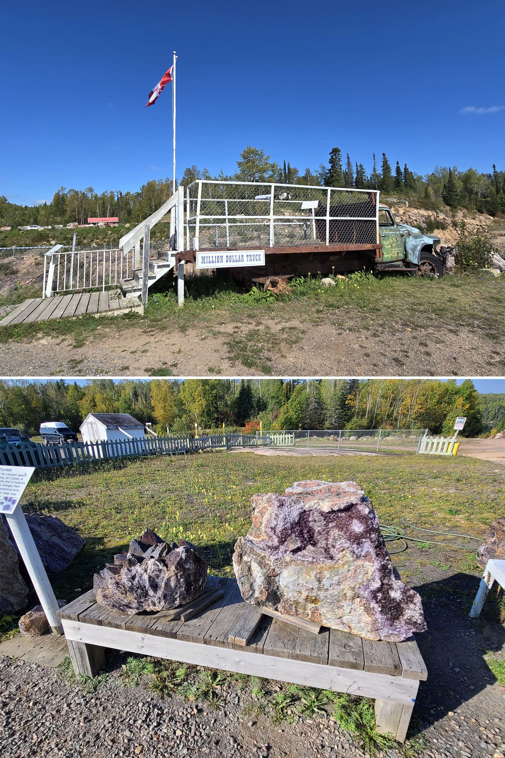 2 part image showing the million dollar truck and some large rocks of amethyst crystals.