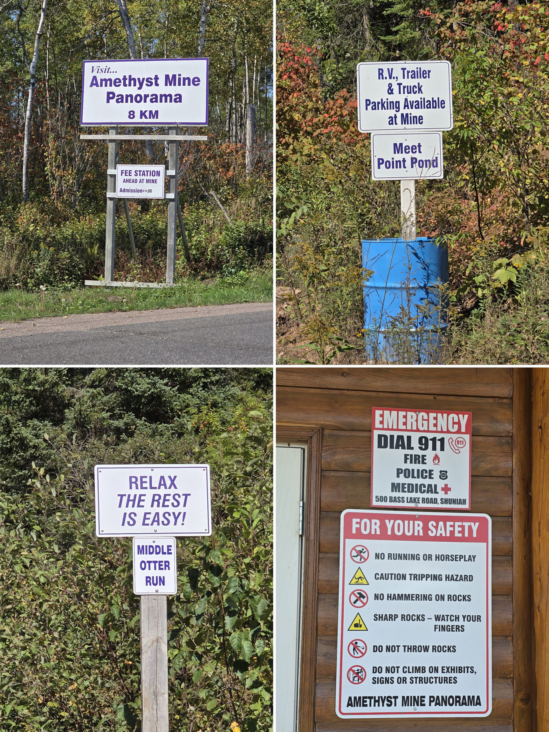 4 part image showing various road signs leading up to amethyst mine panorama.