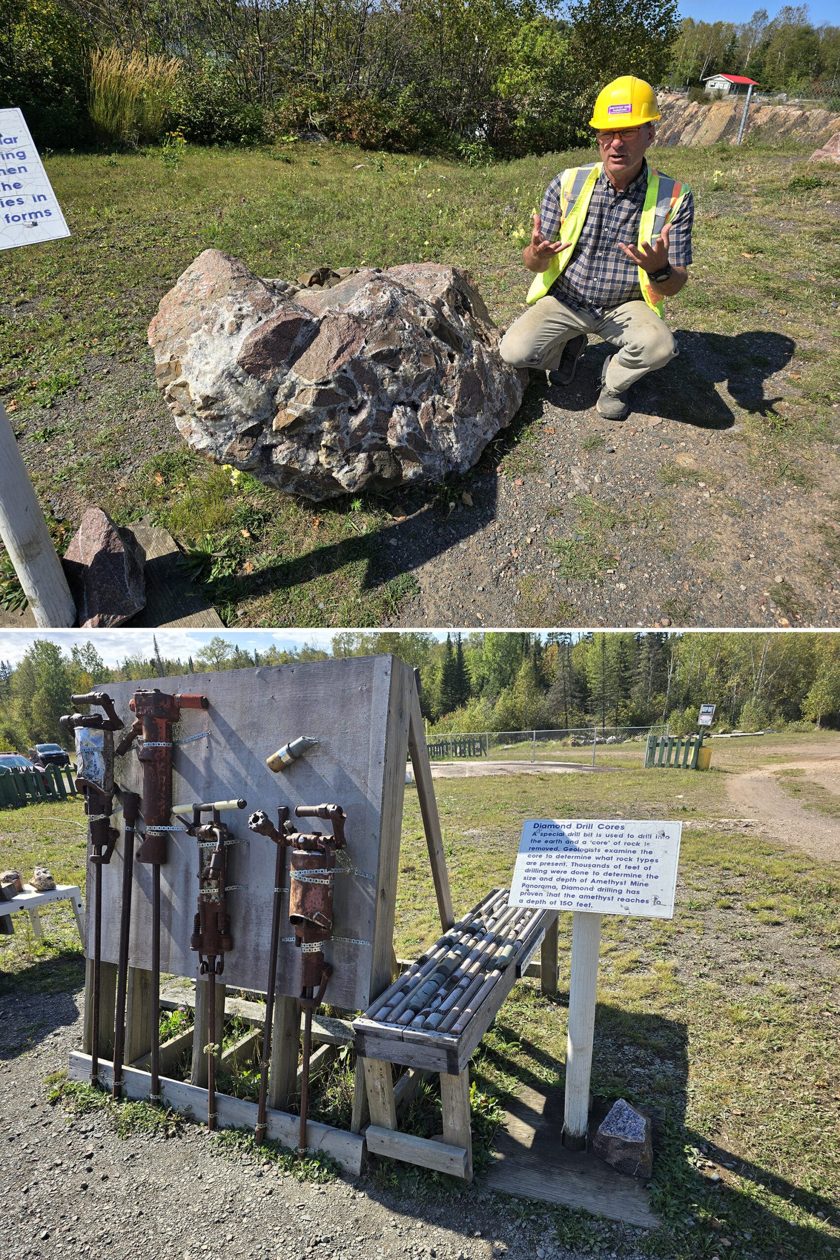 A man in work gear conducting a tour of the amethyst mine panorama.