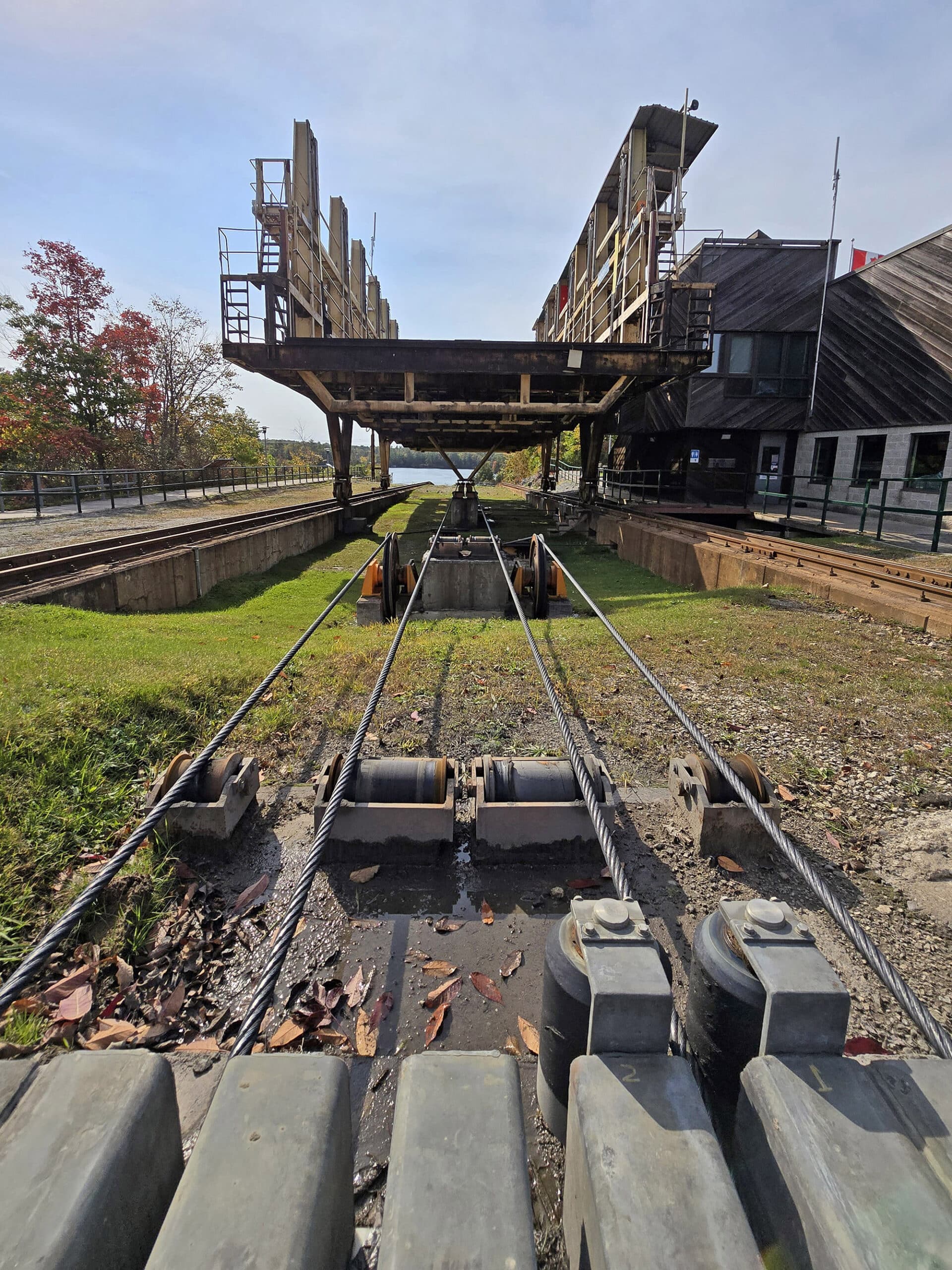 A wide angle view looking up at the big chute marine railway carriage.