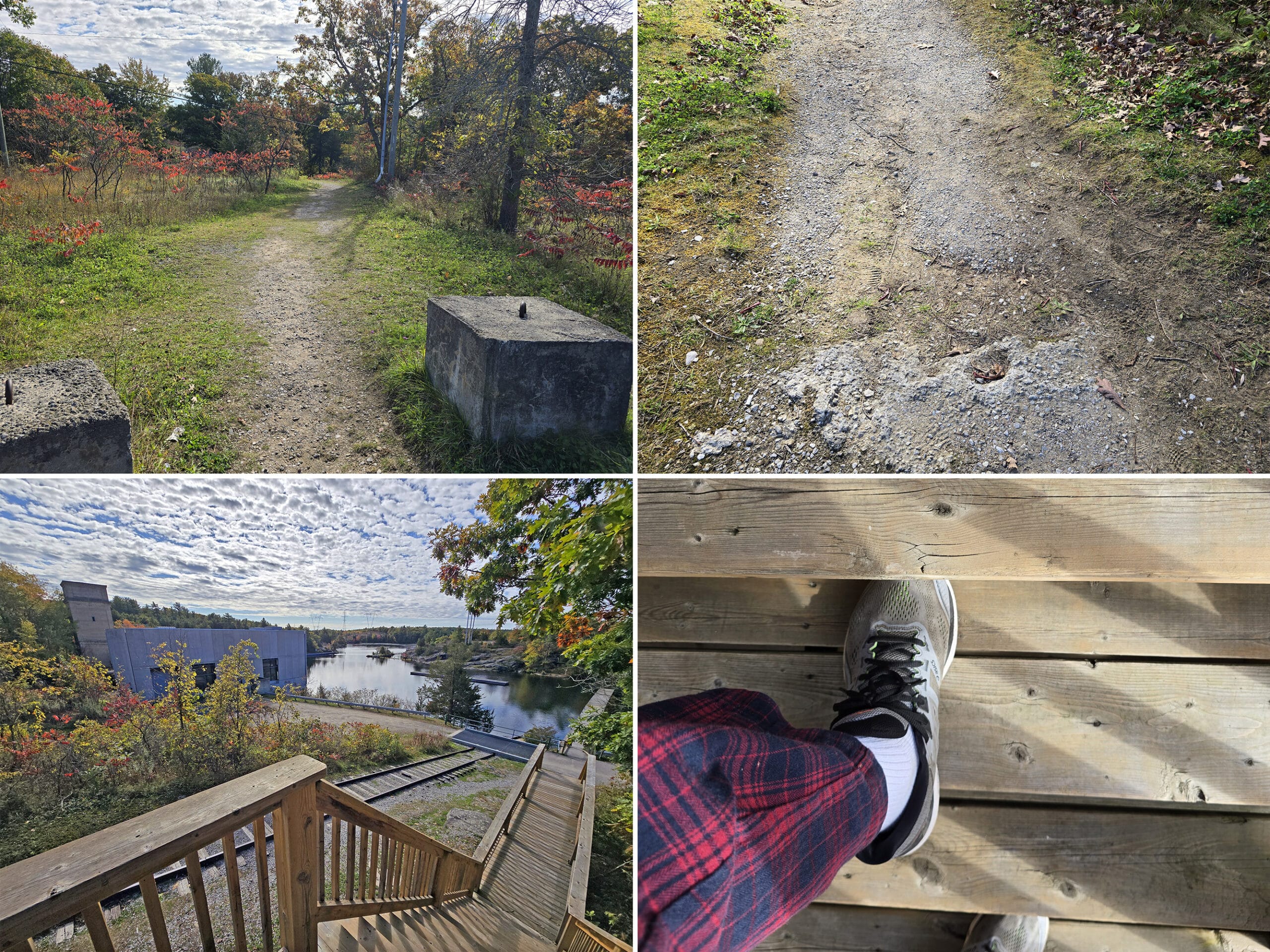 4 part image showing a rough walking path, and very narrow steps.