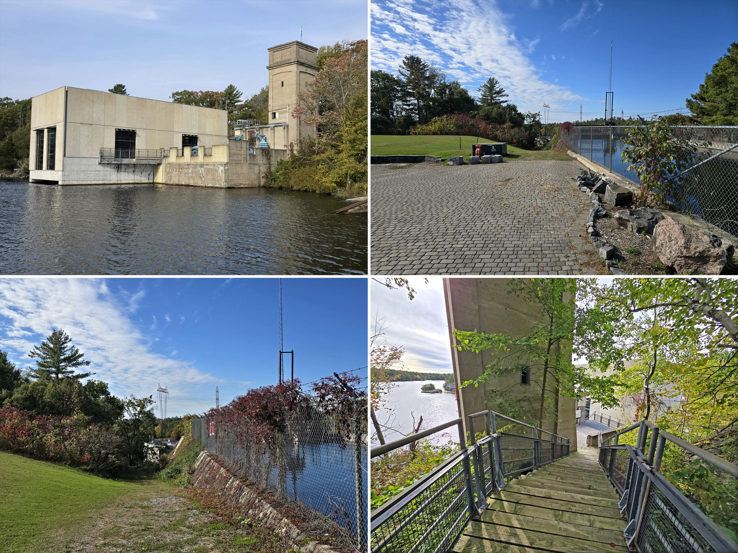 4 part image showing the hydro interpretive center at big chute.