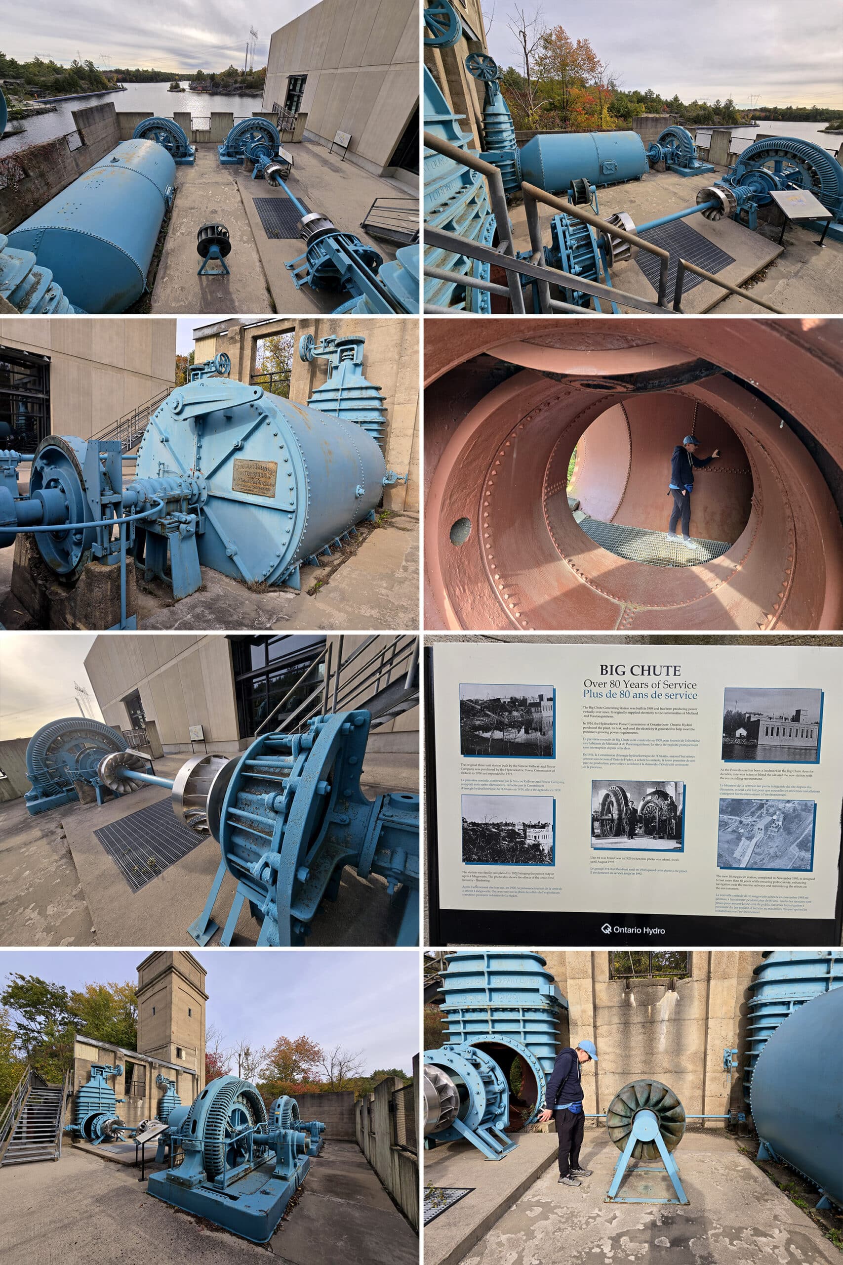 8 part image showing the hydro interpretive center at big chute.