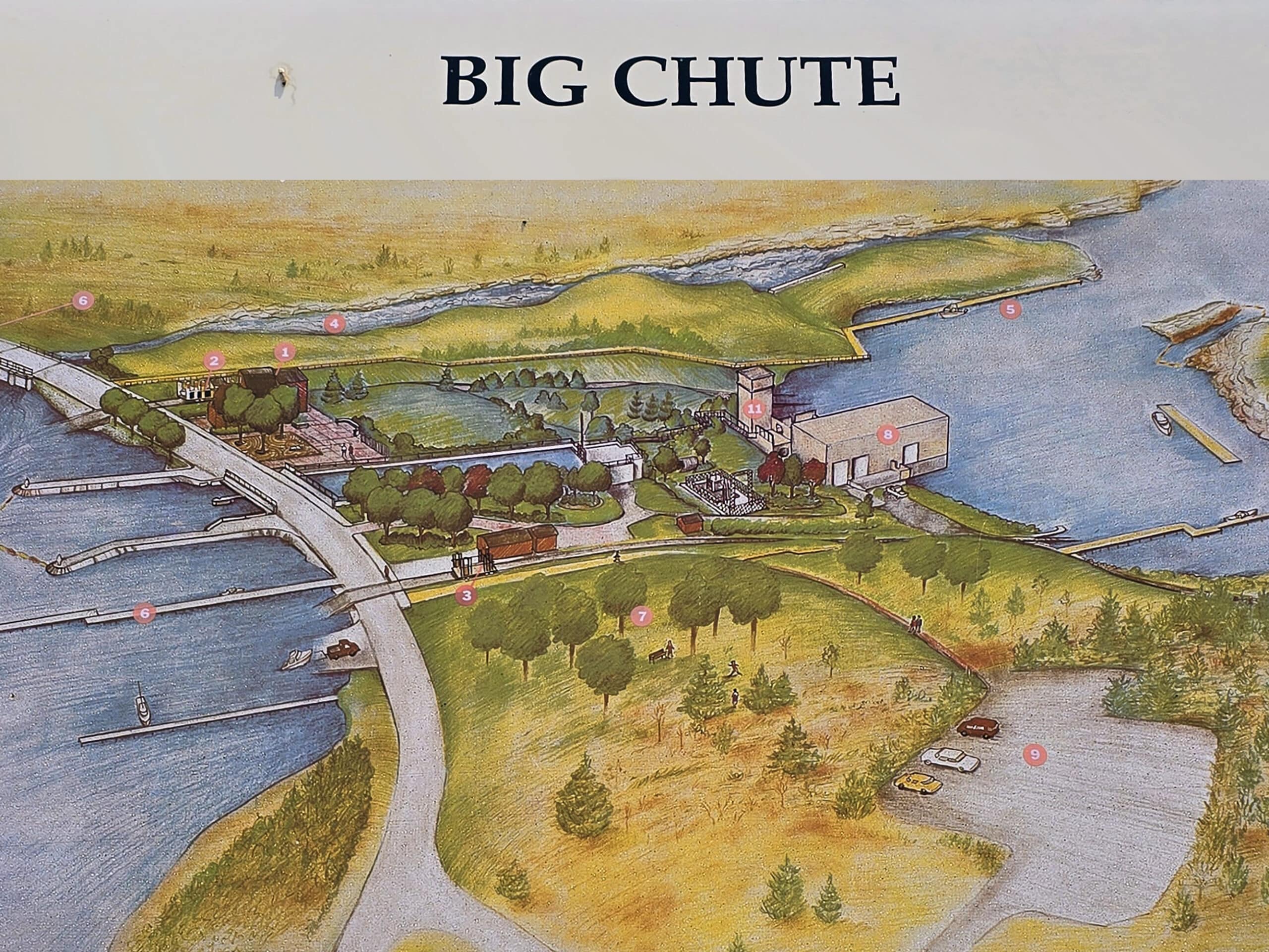 A painting of the big chute marine railway area. Not quite a map, but serves the purpose.