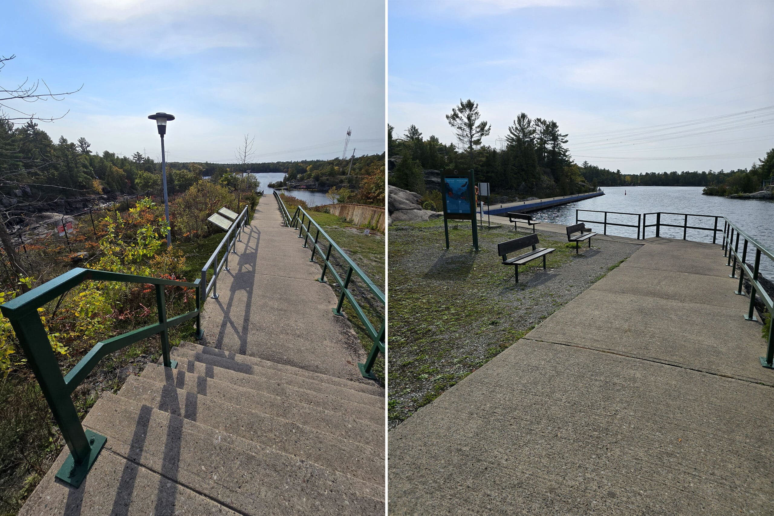 2 part image showing a wide outdoor stairway and viewing platform at the bottom of the railway.