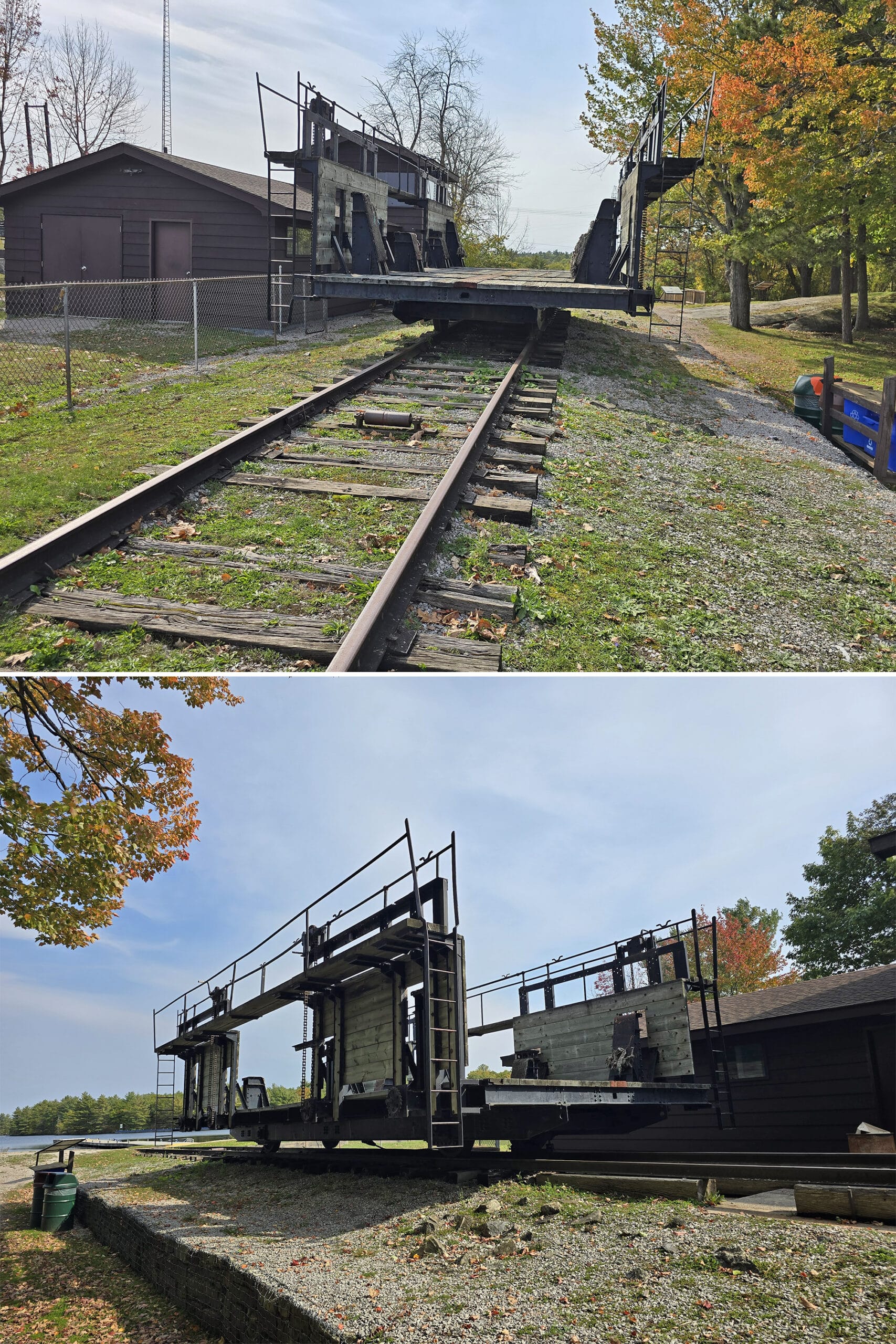 2 part image showing the old railway carriage and tracks at Big Chute.