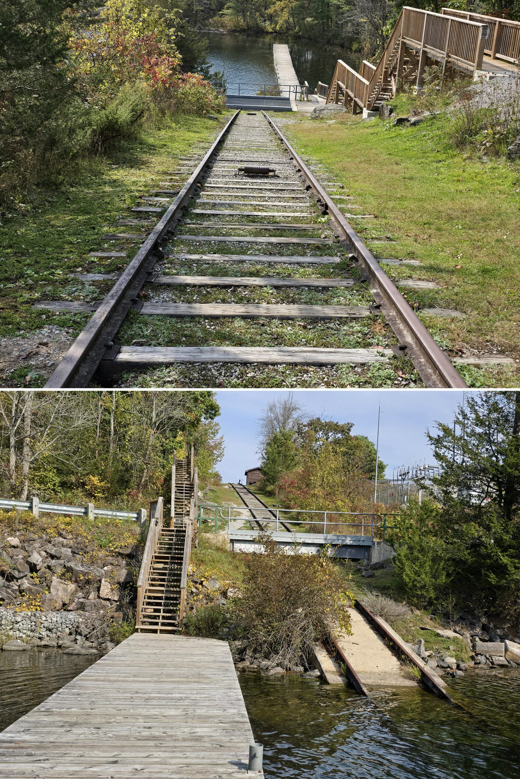 2 part image showing the old railway carriage and tracks at Big Chute.