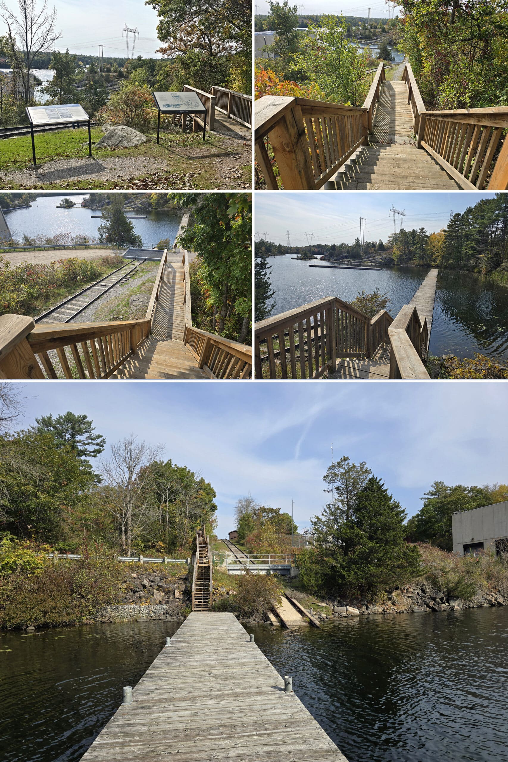 5 part image showing the stairs and walkway along the old railway at big chute.