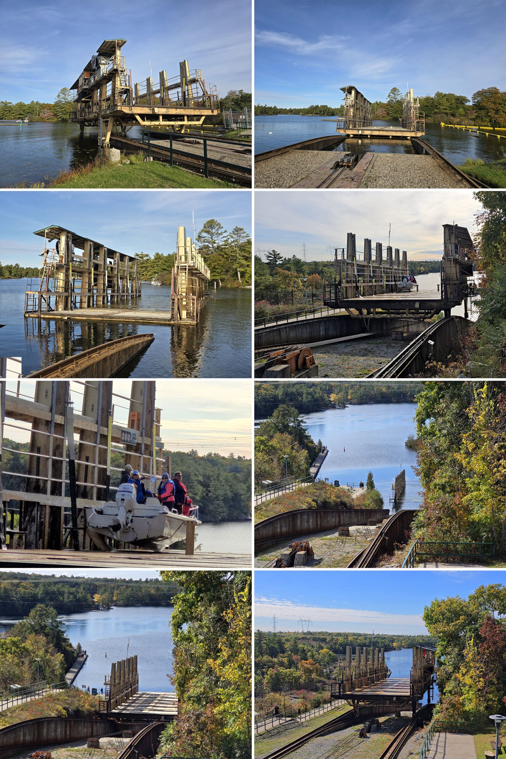 8 part image showing various views of the big chute marine railway in action.