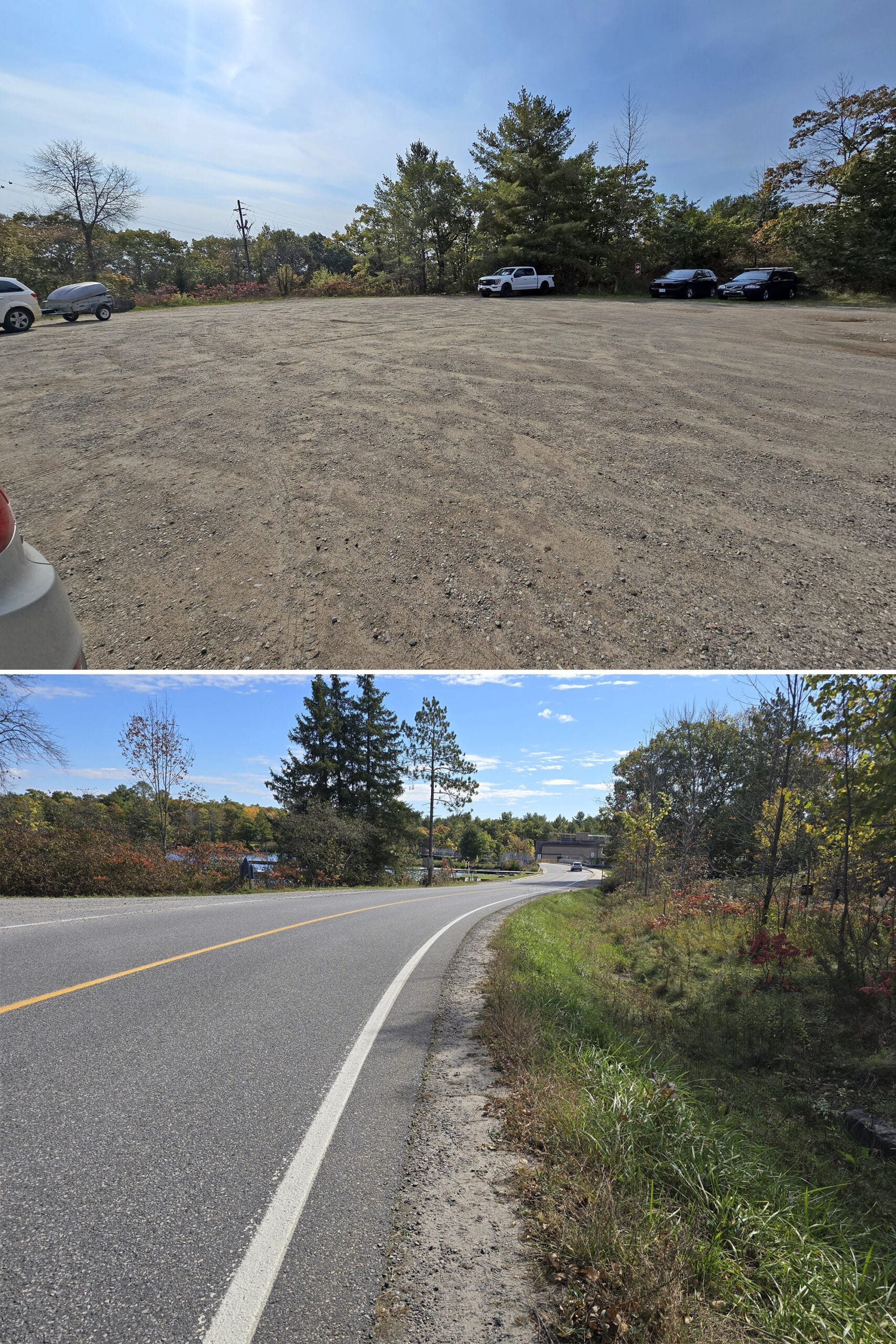 2 part image showing the parking lot at road walk at big chute marine railway.