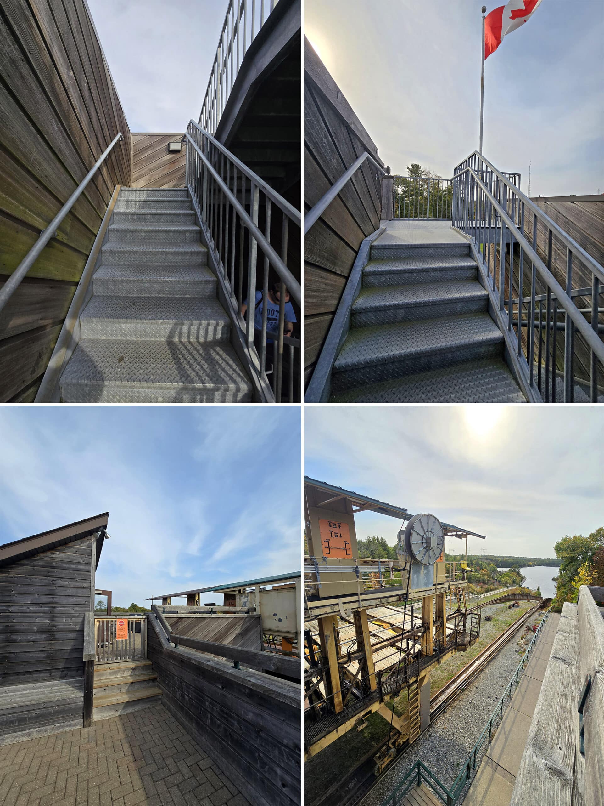 The stairs at viewing platform at the big chute marine railway visitor centre.