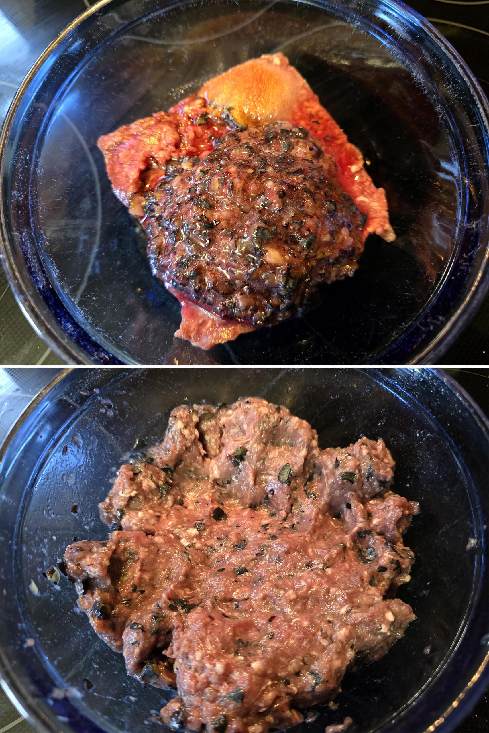 2 part image showing the ground bison being mixed with the additional ingredients.