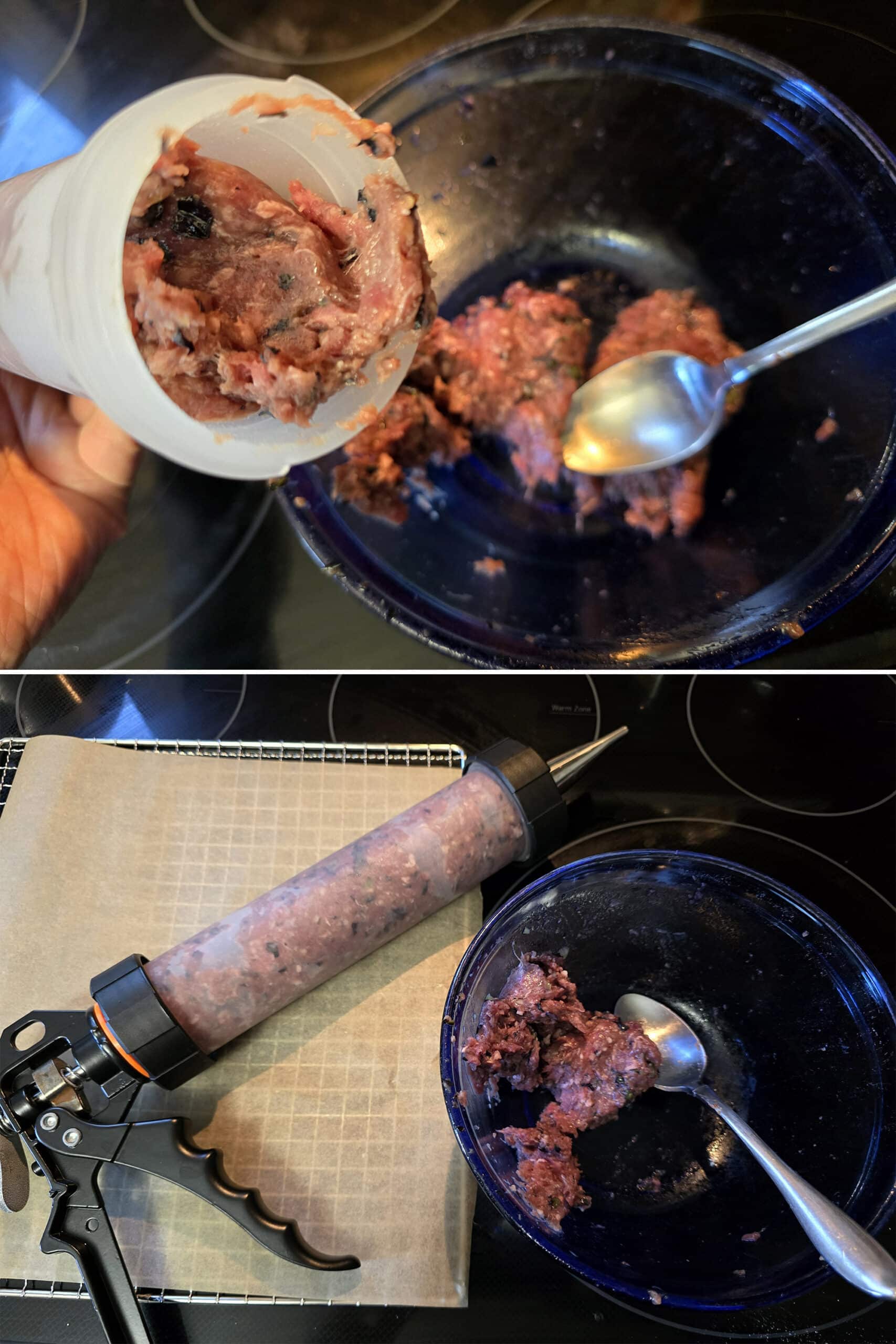 2 part image showing a jerky gun being filled with bison jerky mixture.