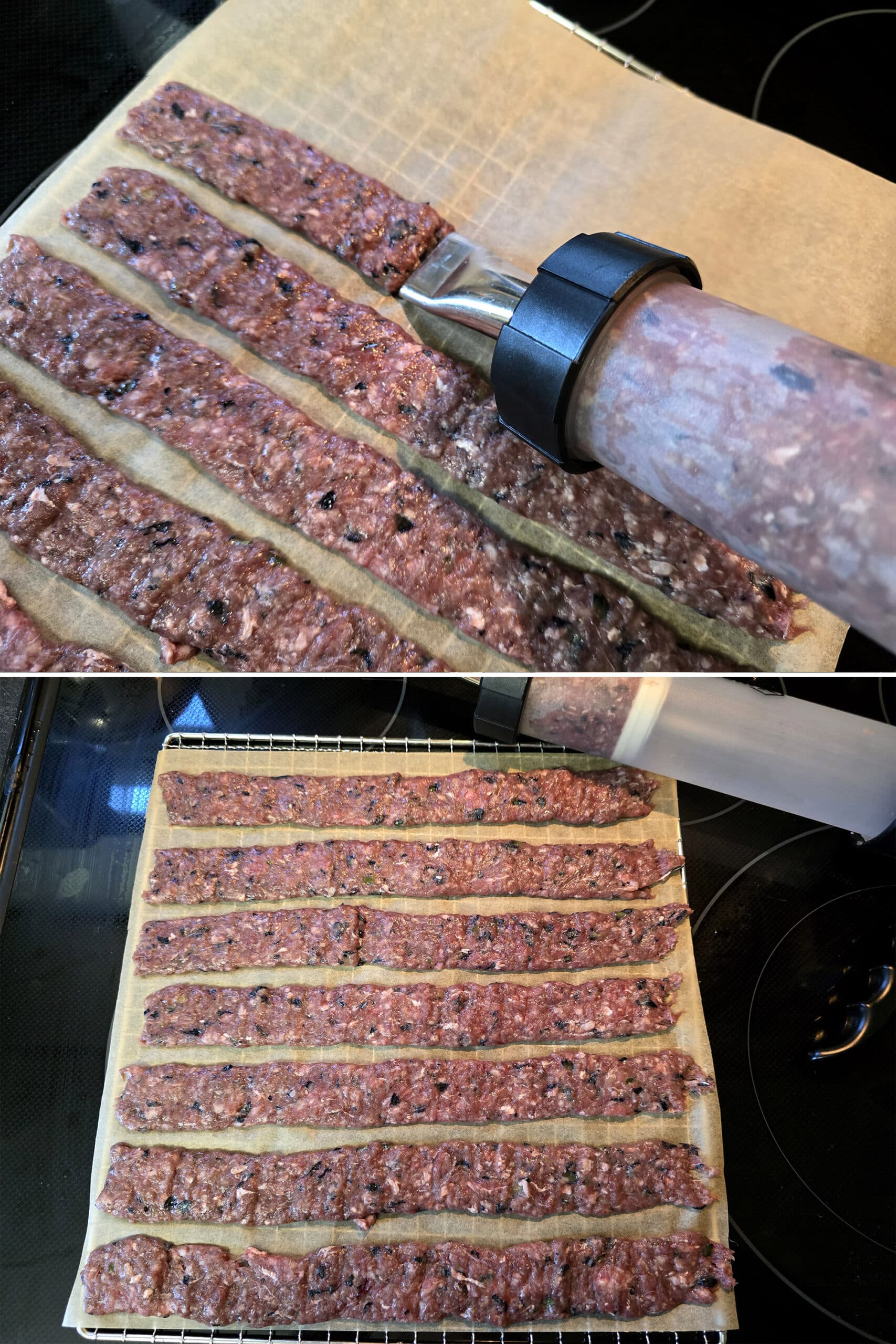 2 part image showing the ground bison mixture being piped onto parchment with a jerky gun.