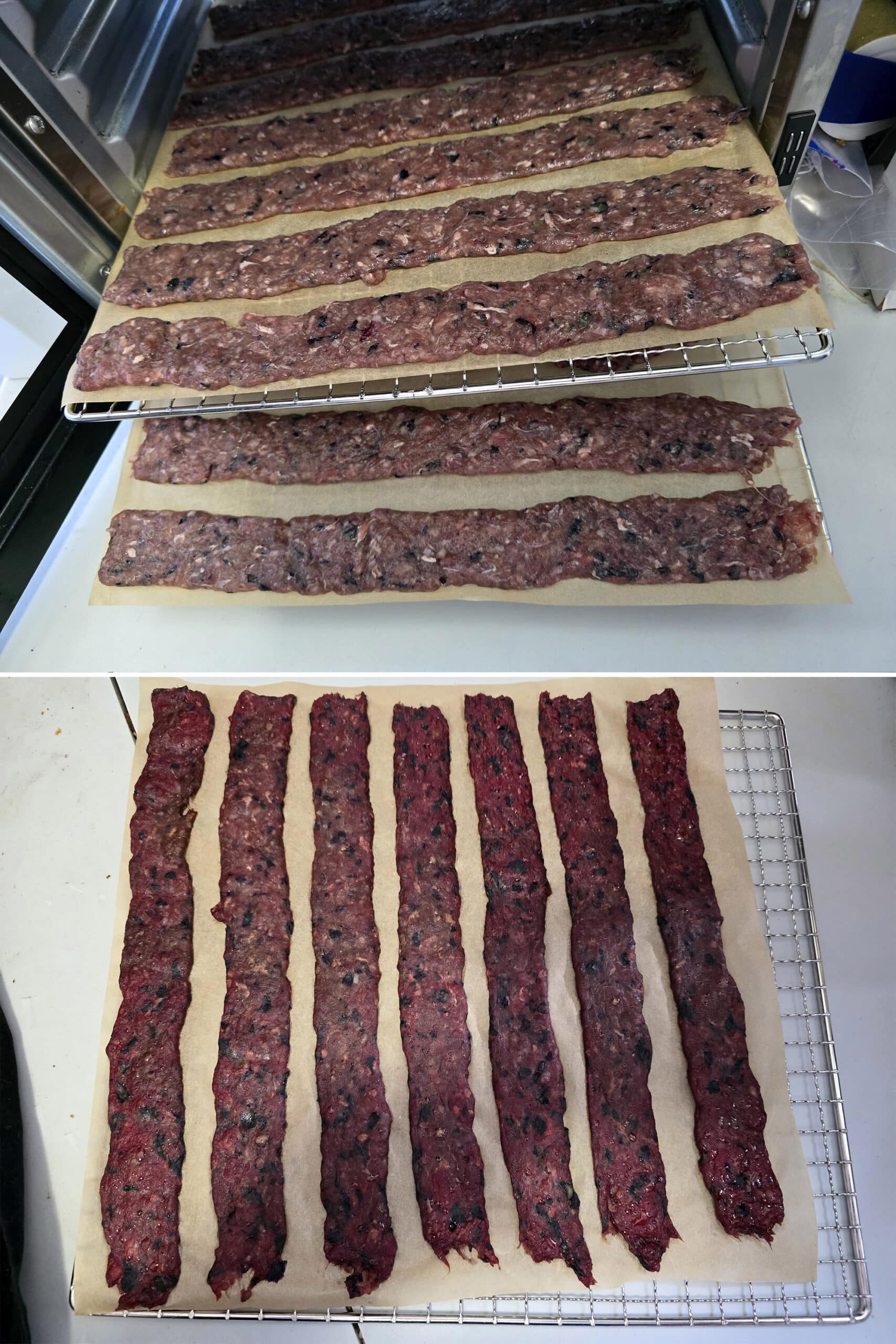 2 part image showing the bison jerky strips before and after 2 hours of dehydrating.