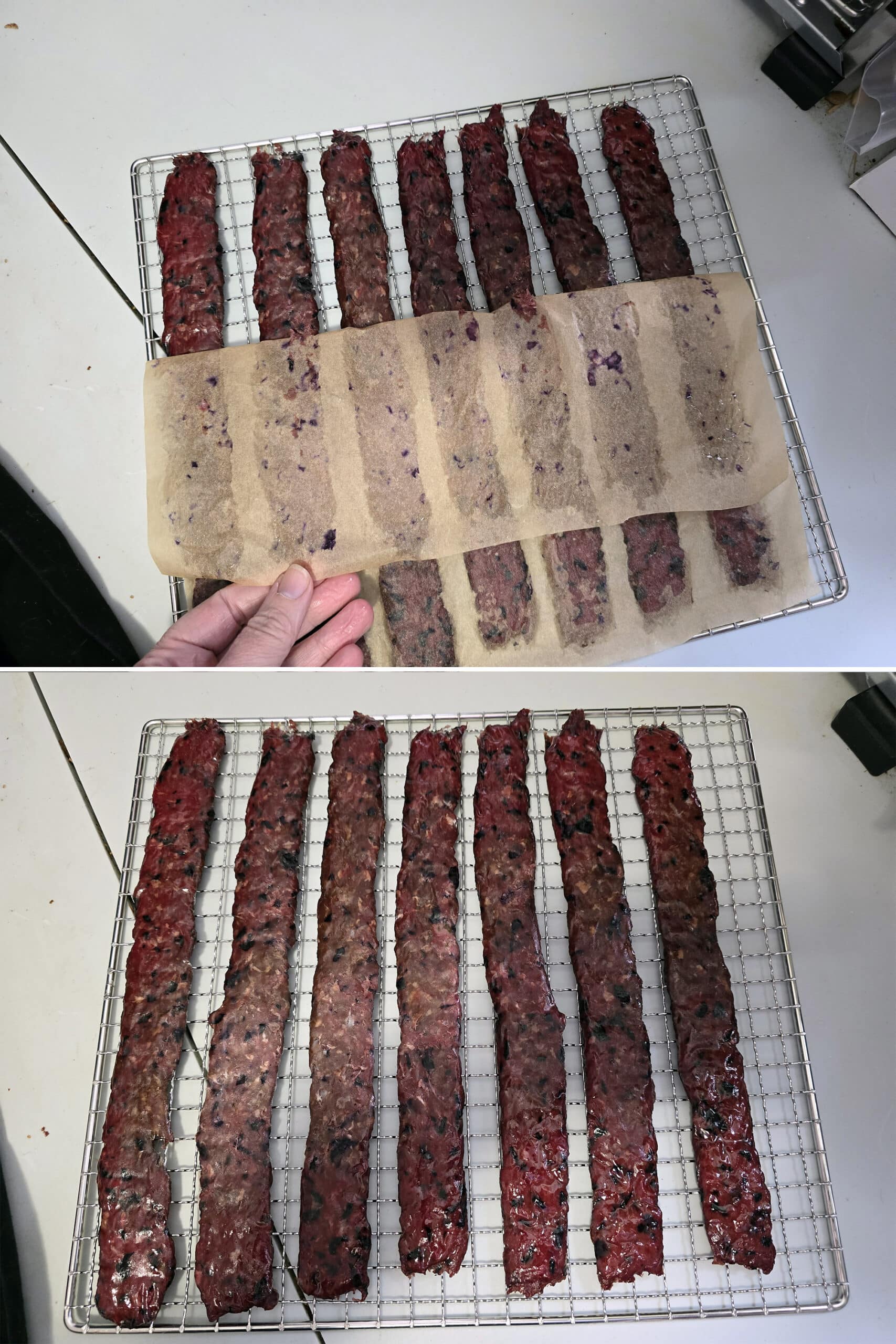 2 part image showing the parchment being peeled back from the jerky, then the strips placed directly on the rack.