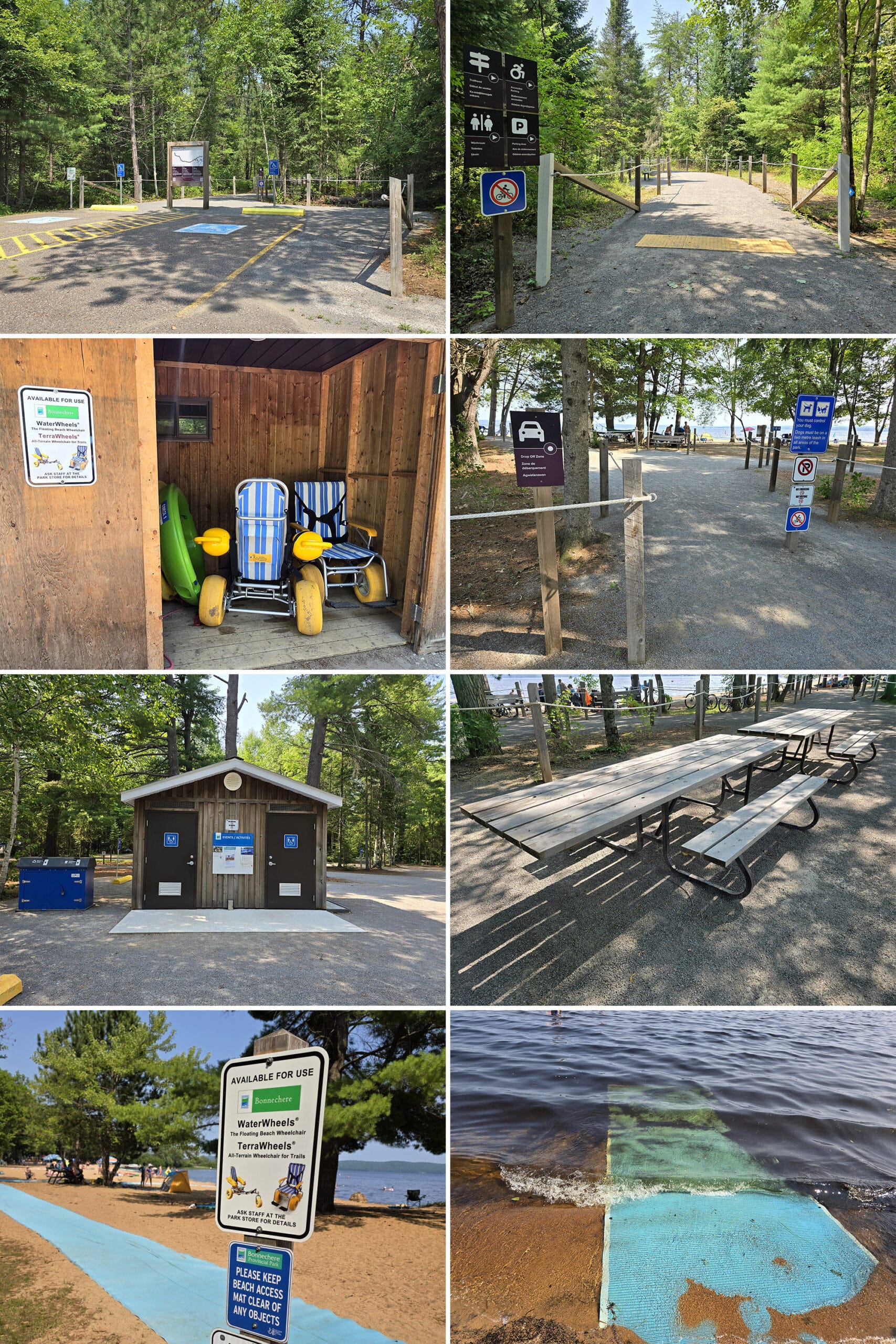 8 part image showing a lot of the accessible features of the park, as described.