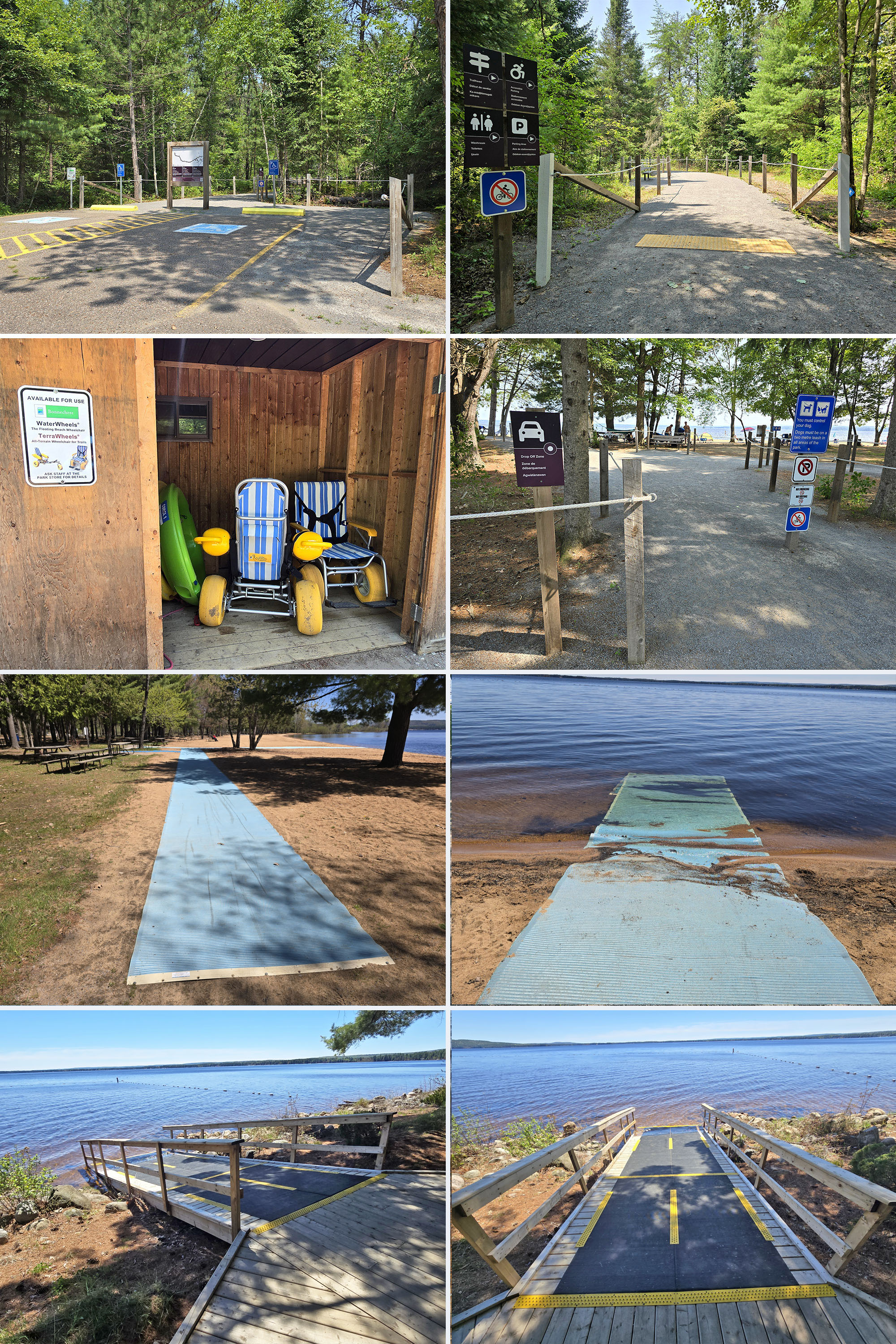 8 part image showing trails, beach wheelchairs, and the mobi mats at the beach.