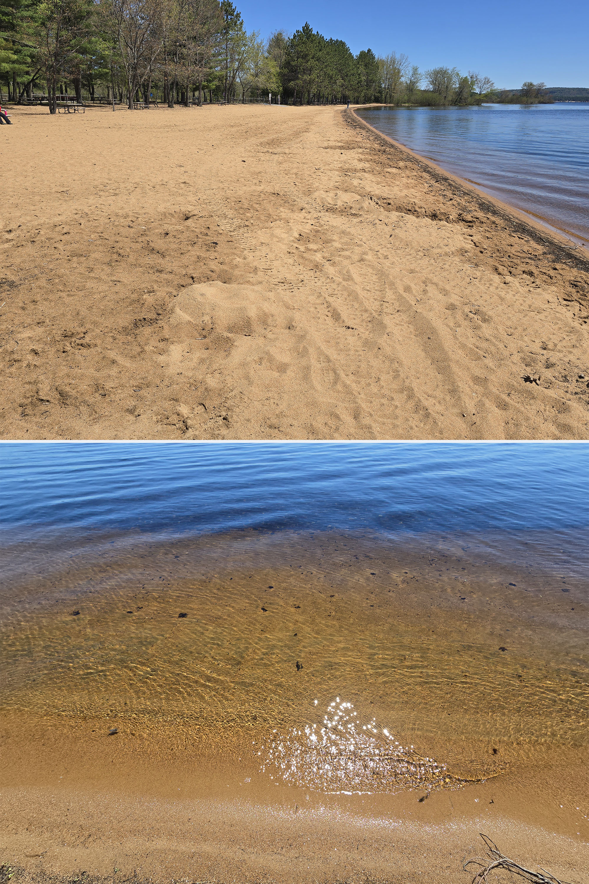 2 part image showing the beach and the water clarity at bonnechere provincial park.