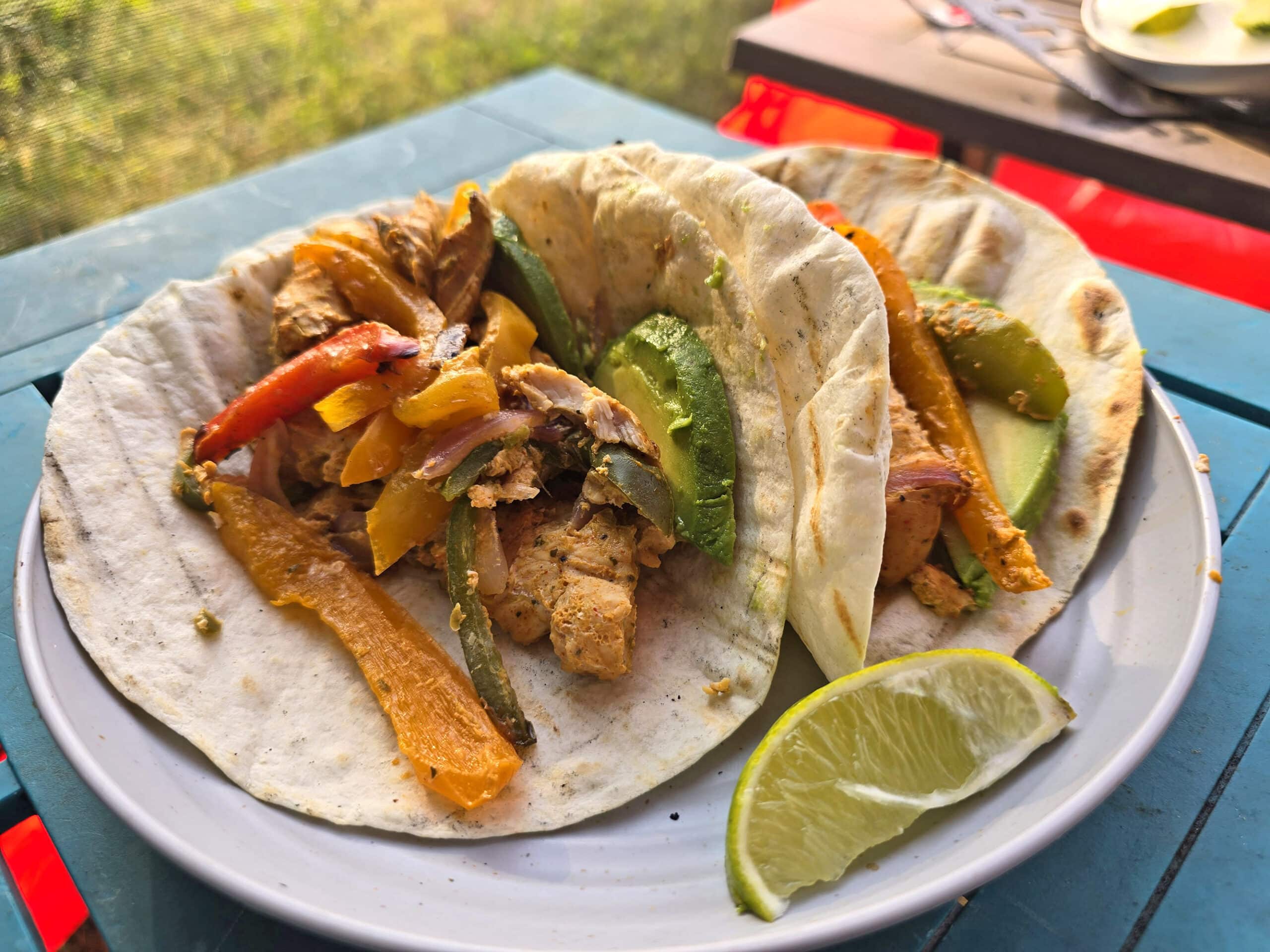 A plate of campfire chicken fajitas.