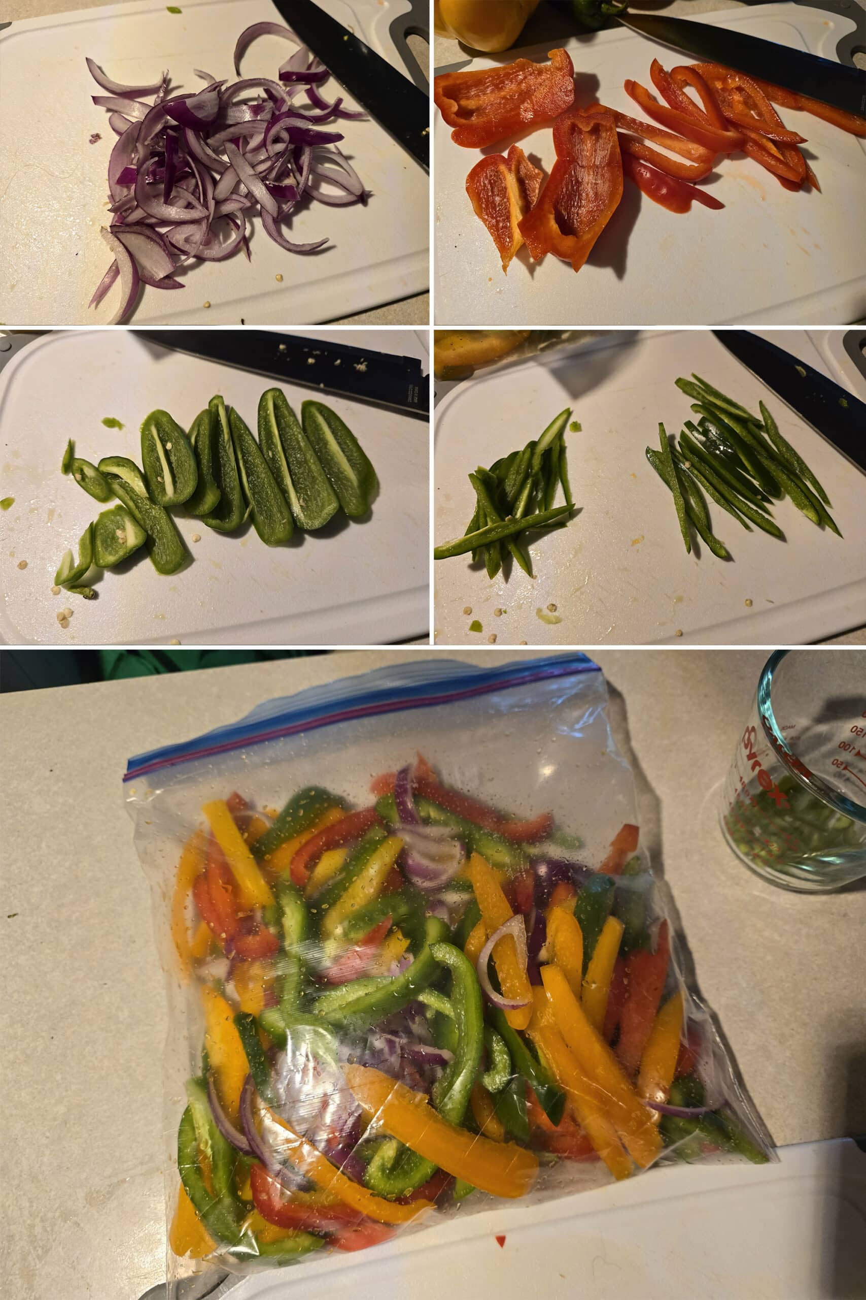 5 part image showing peppers and onions being sliced and mixed in a large plastic baggie.