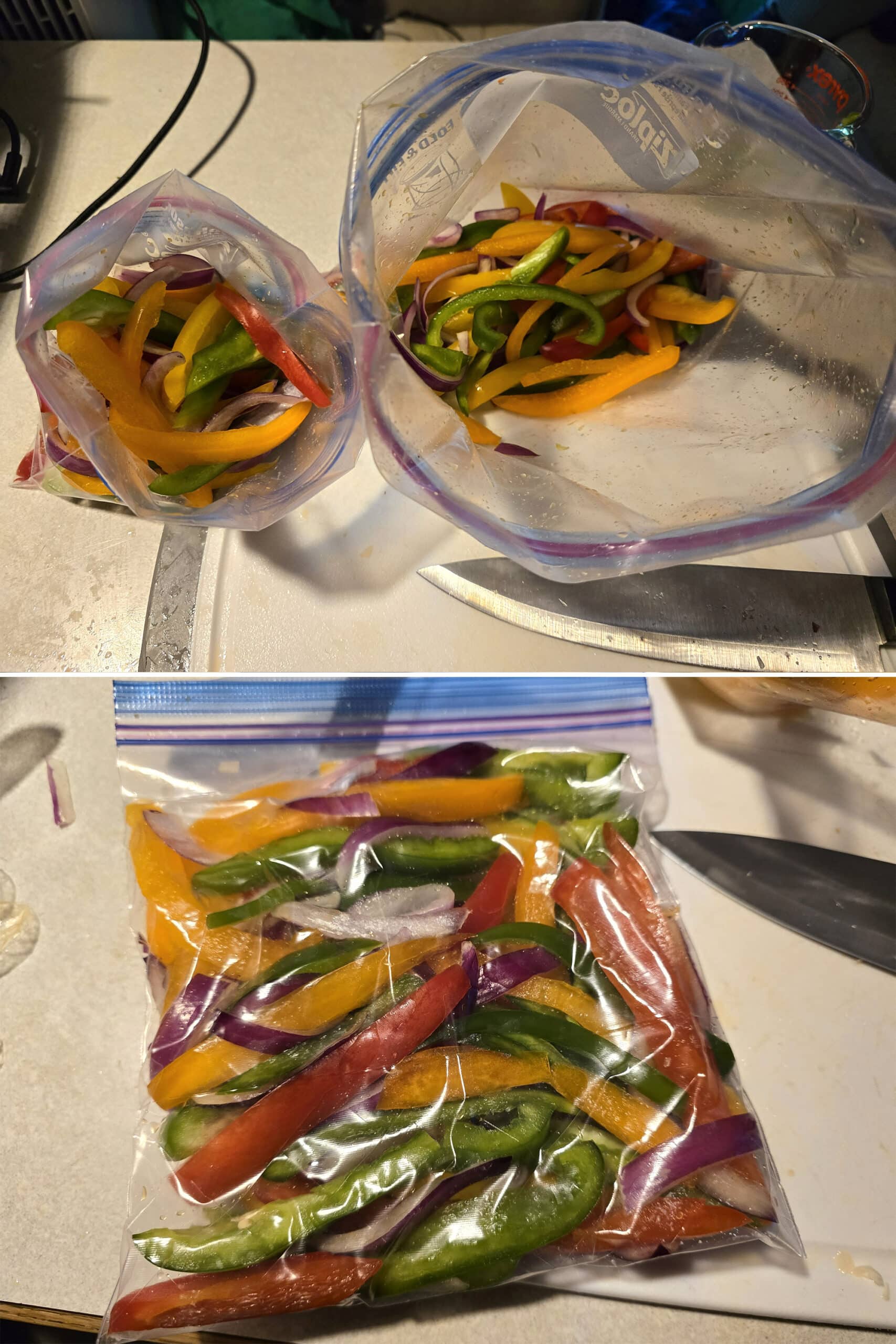 2 part image showing the vegetables being divided into two baggies.