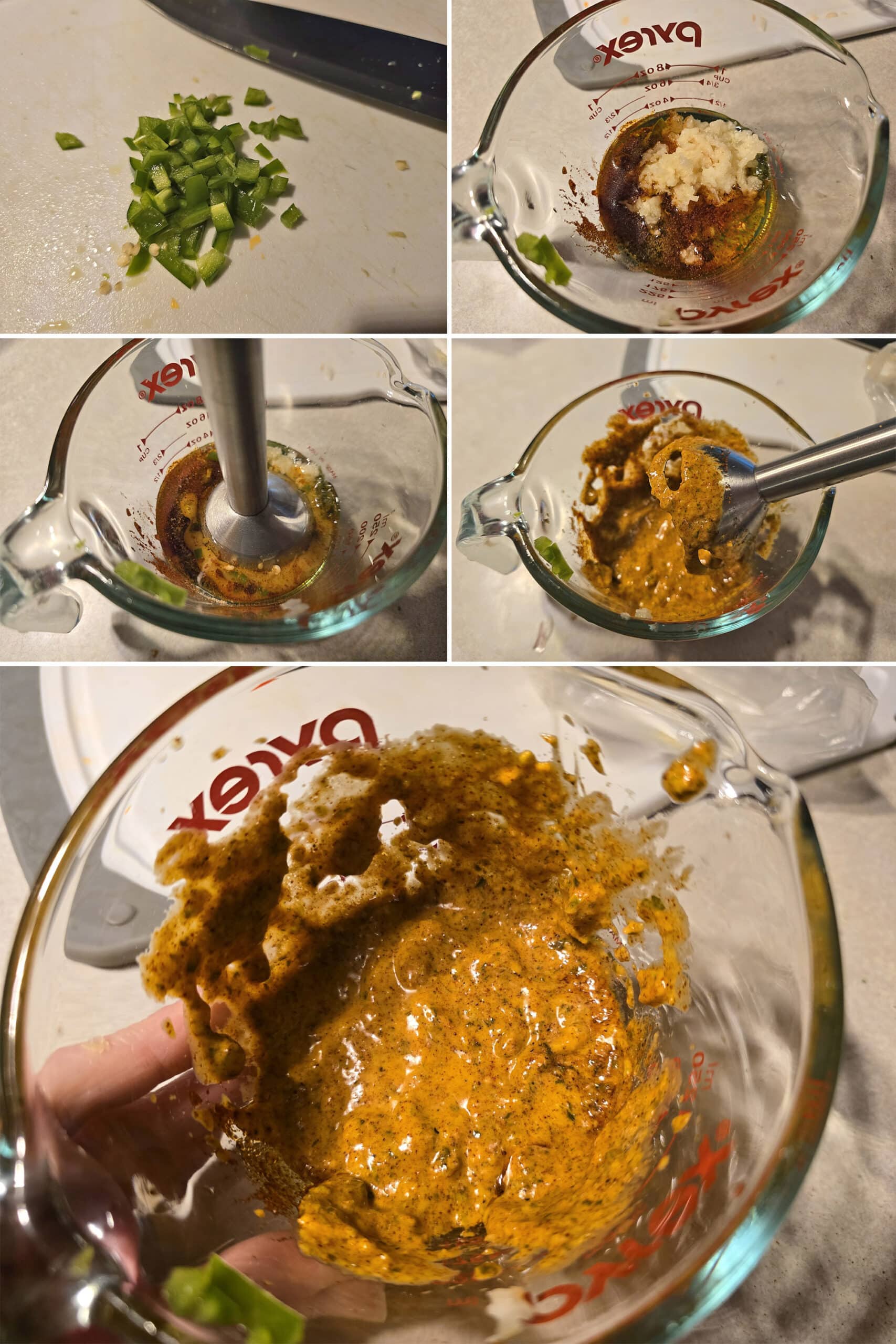 5 part image showing the jalapenos being chopped and mixed into chicken fajita marinade with a stick blender.